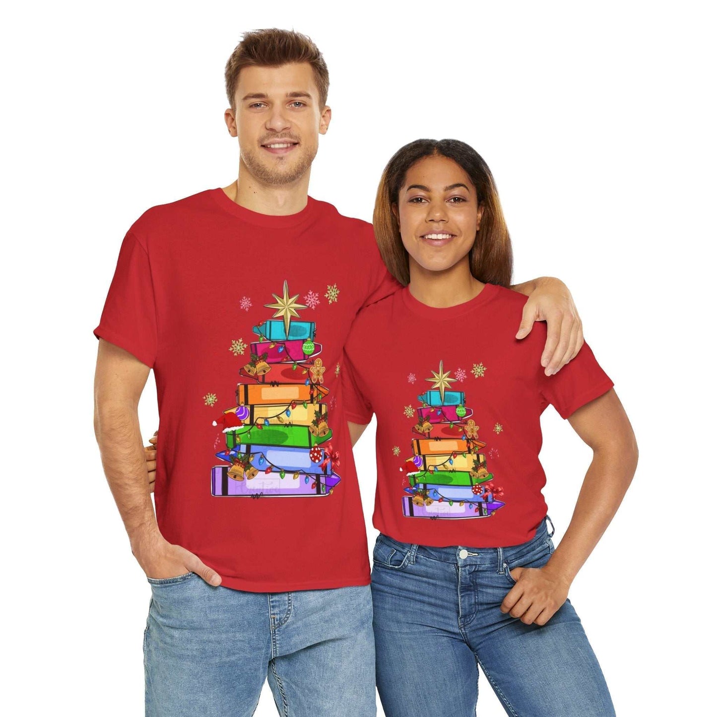 Crayons Christmas Tree T-Shirt for teachers featuring a colorful crayon-designed Christmas tree on red fabric.