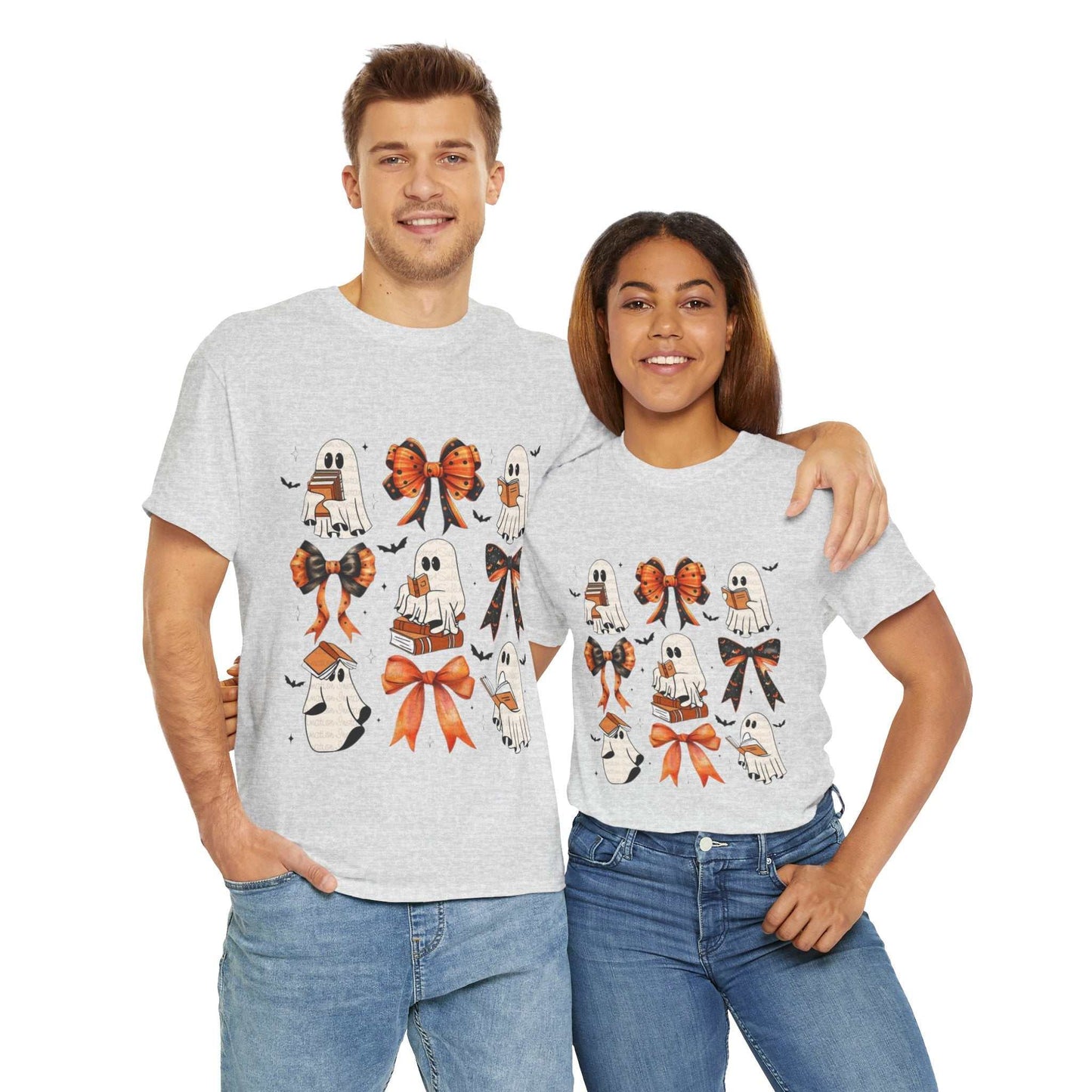 Book Ghost Halloween Shirt featuring cartoon ghosts with bows, perfect for spooky season apparel.