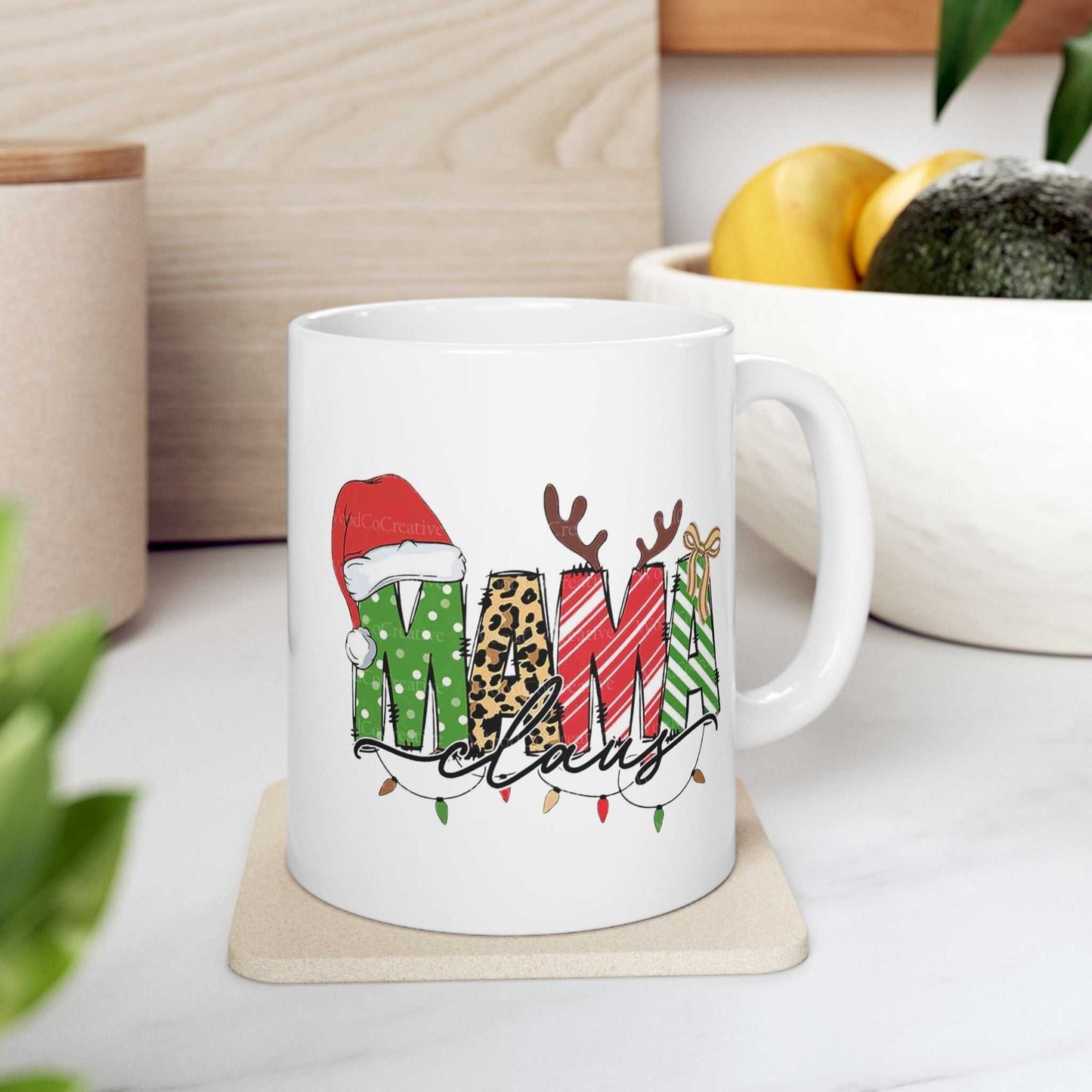 Mama Claus festive mug with holiday design, featuring vibrant colors and decorations, perfect for Christmas gifting.