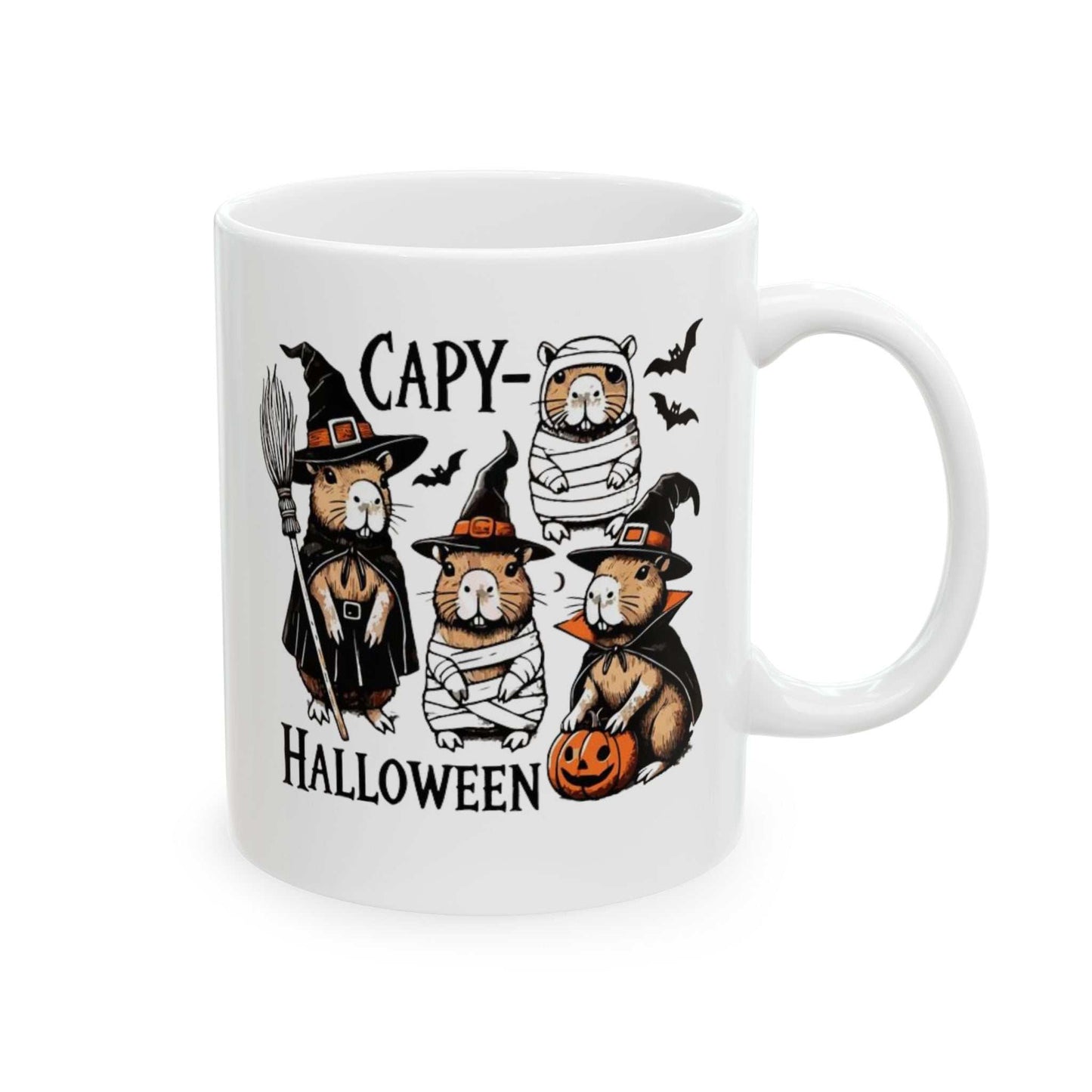 Halloween Capybara Mugs featuring capybaras in spooky costumes with pumpkins, perfect for coffee lovers.