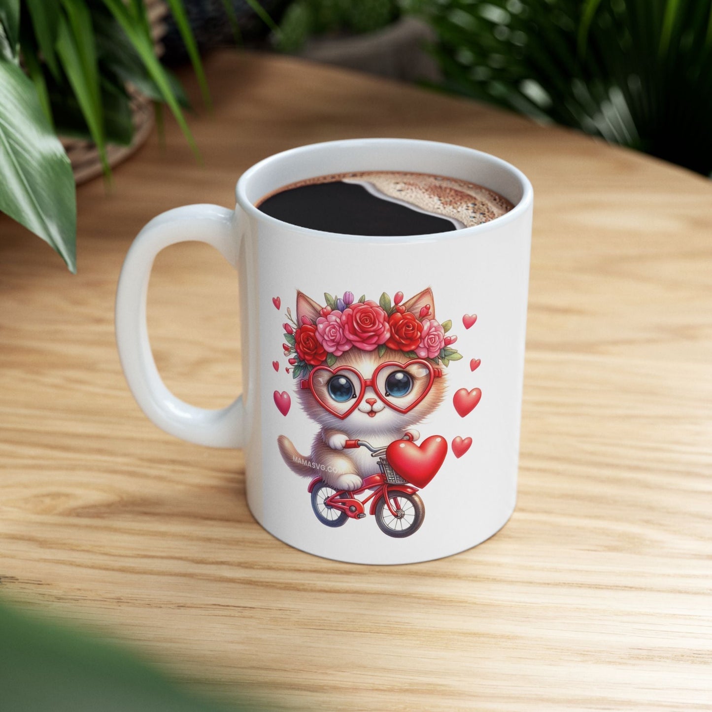 Biker Cat Cycling Hearts Mugs, Valentines Cat Lover Gift