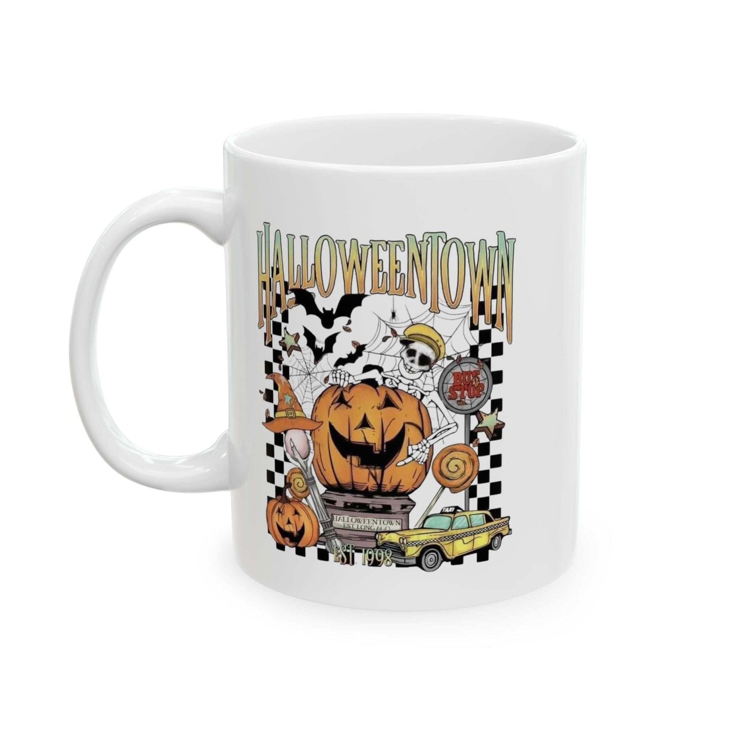 Retro Halloweentown Mug featuring a spooky design with pumpkins and skeleton on white ceramic.
