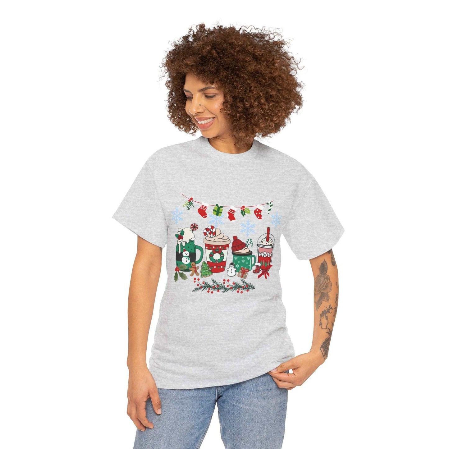 Christmas Coffee Shirt for Women, perfect Christmas gift, featuring festive design with coffee cups and holiday elements.