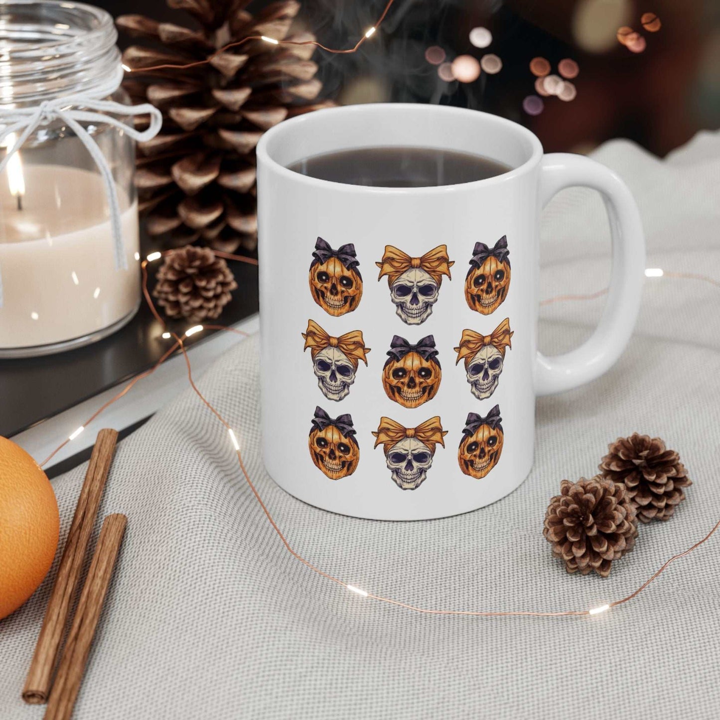 Halloween skull mug with colorful skull designs, perfect for spooky season.