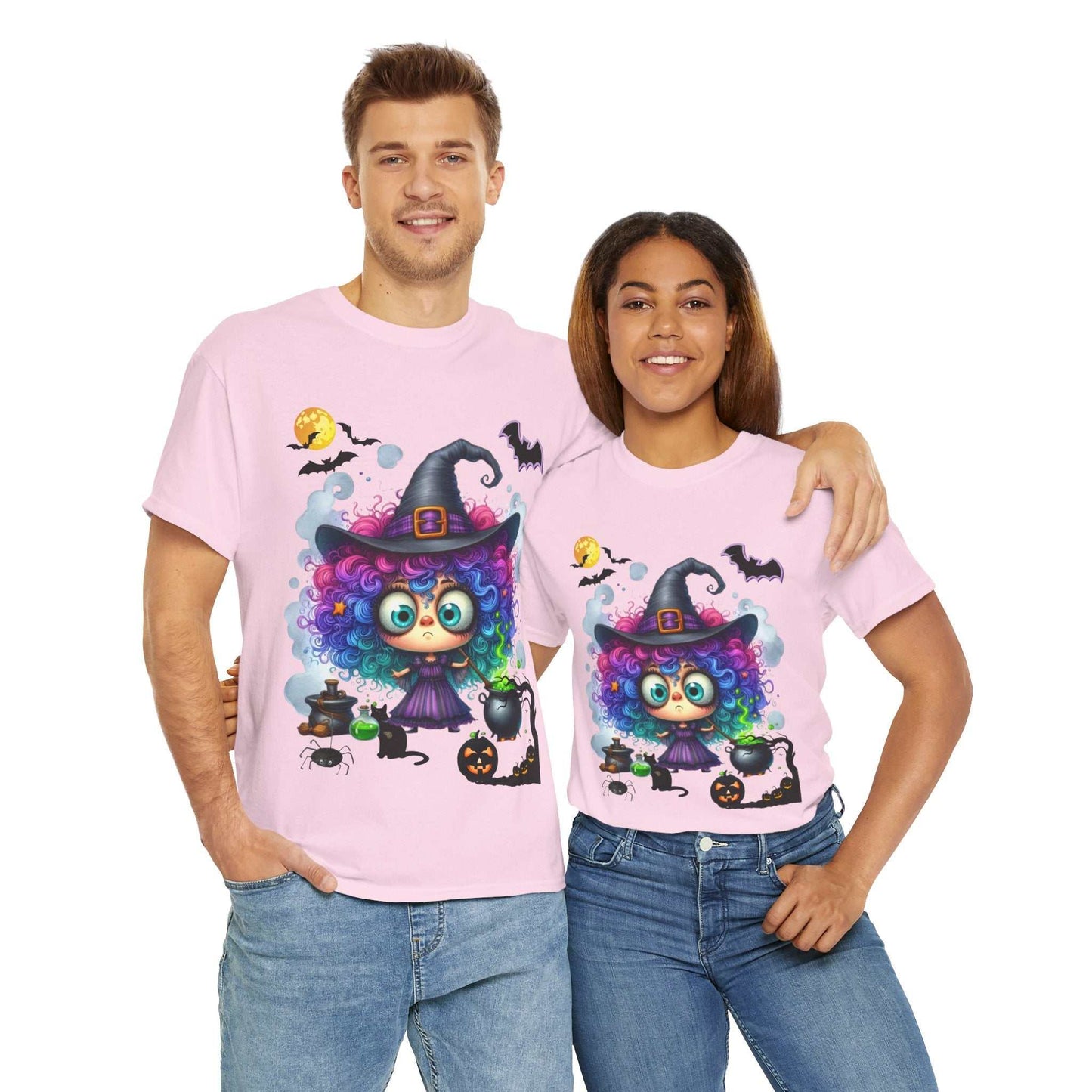 Halloween girl ghost shirt featuring cute witch and ghost design; unisex cotton tee for kids and toddlers.