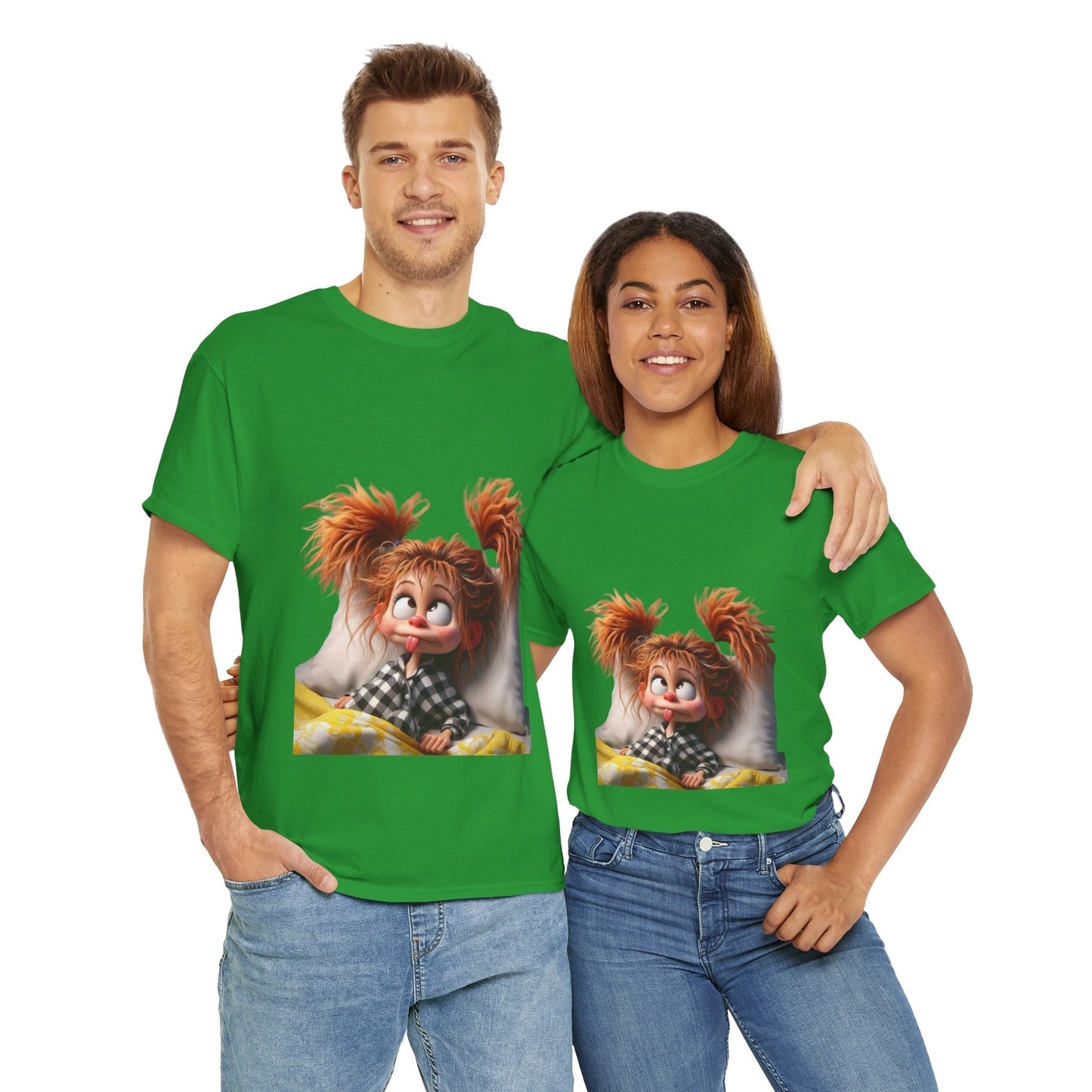 Cute Cartoon Character Unisex Heavy Cotton Tee - Perfect for Relaxed Mornings