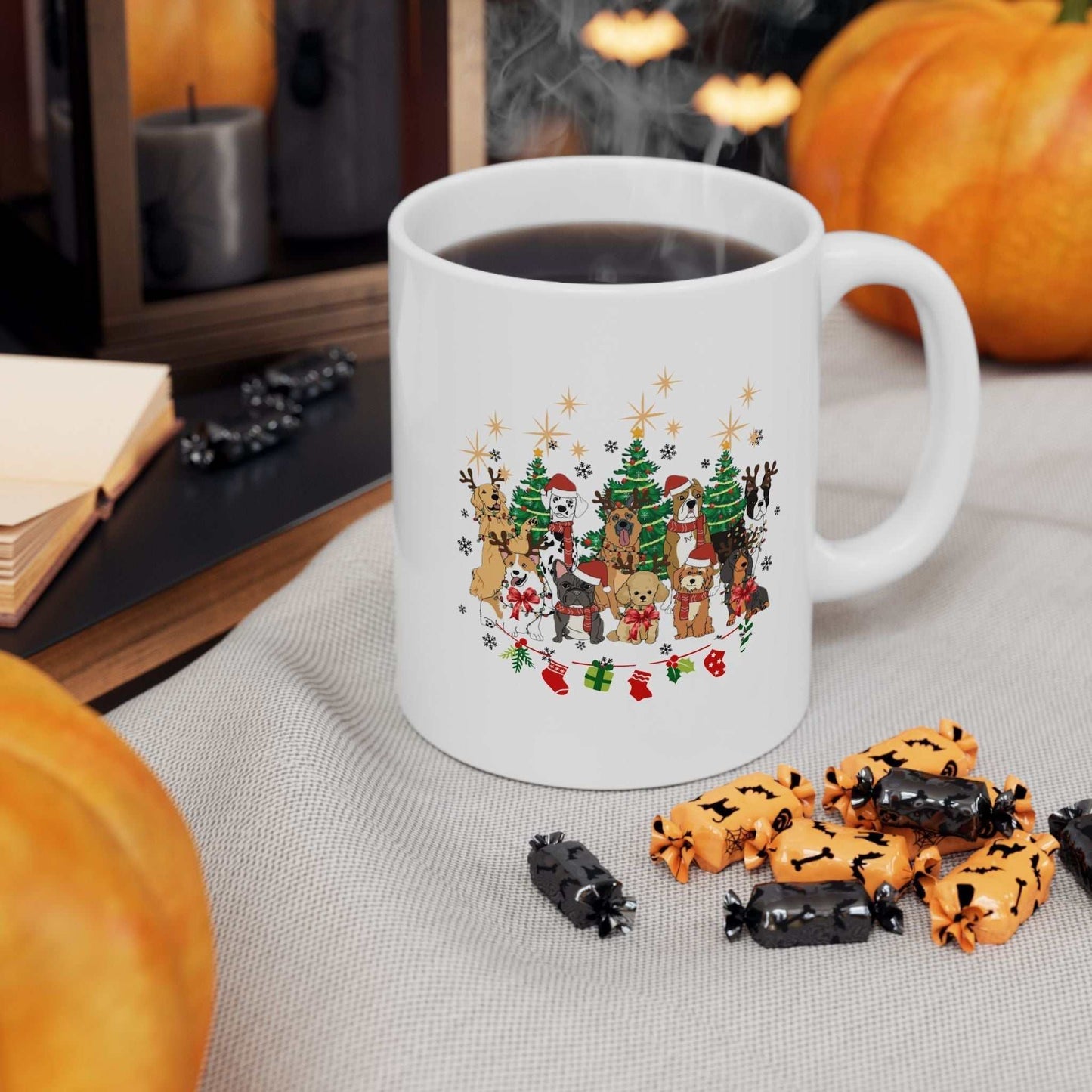 Festive Christmas Dogs Mug with holiday-themed pups, perfect dog lover gift.