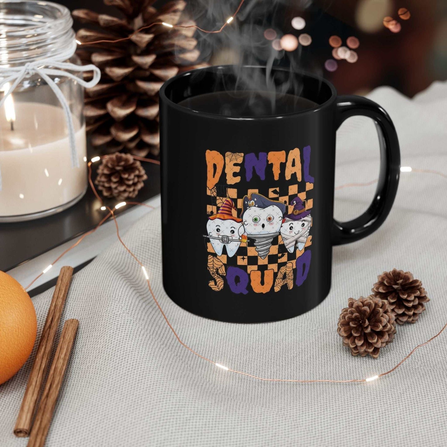 Black ceramic Dental Squad Mug with playful tooth design, perfect gift for dental professionals.