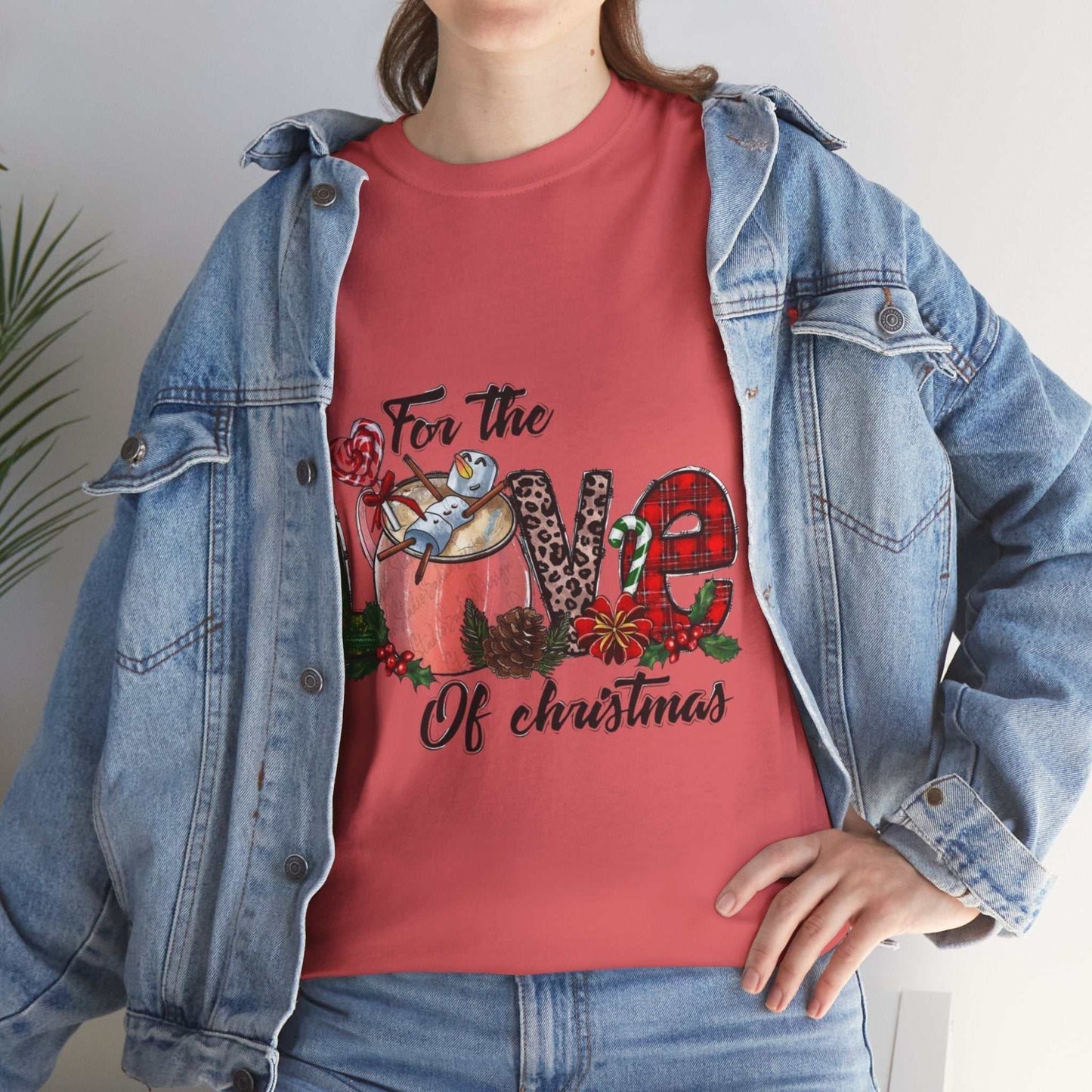For The Love Of Christmas Shirt with festive design and denim jacket.