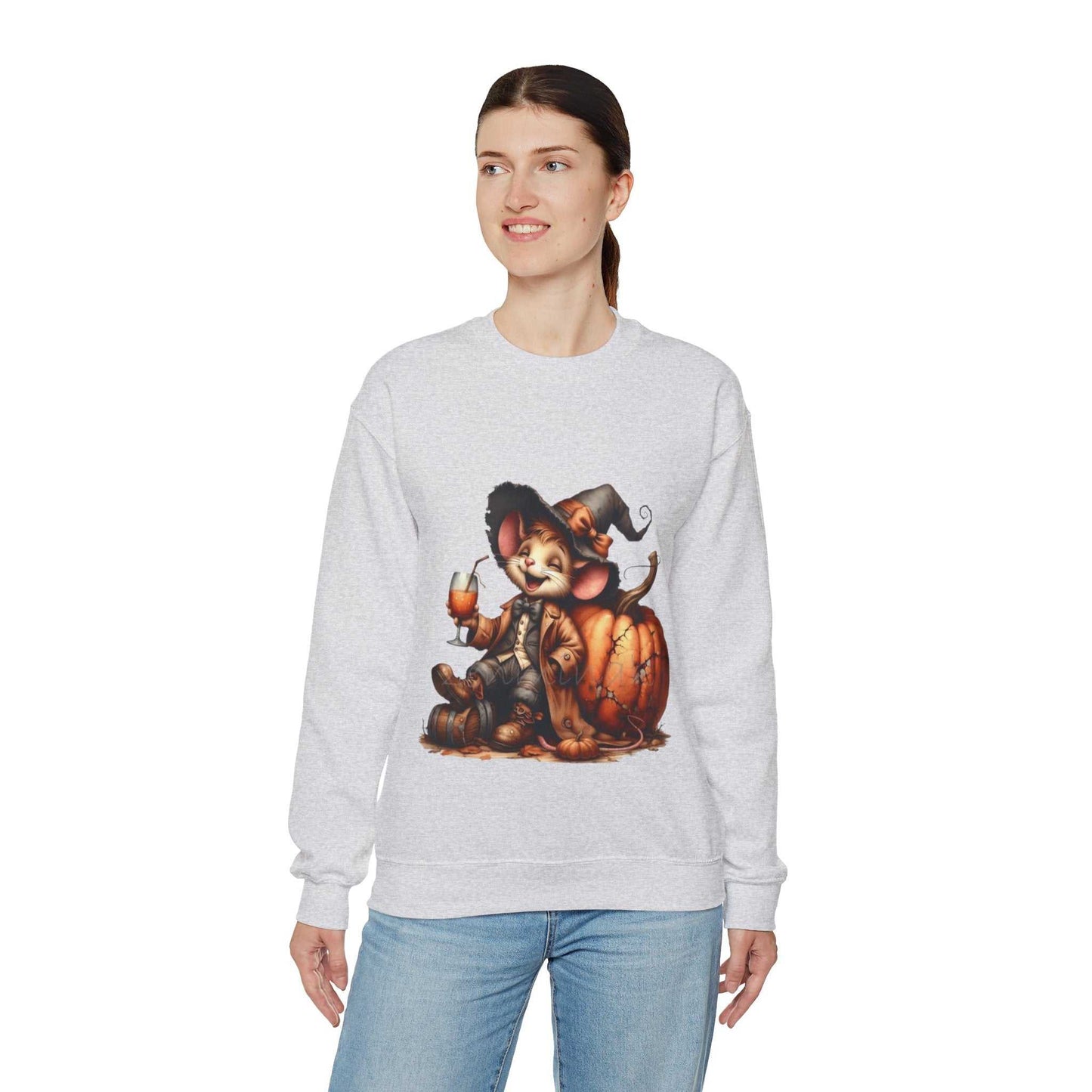Funny Mouse Halloween Sweetshirt featuring a cute mouse in a witch hat with a pumpkin design. Perfect for Halloween and fall.