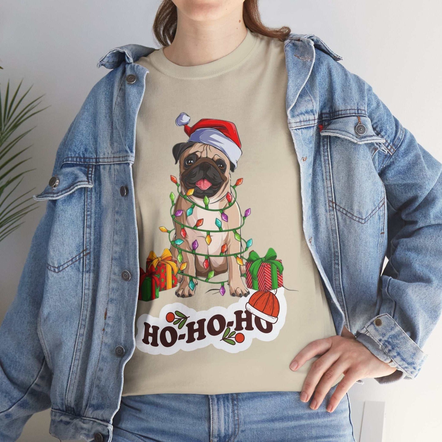 Cute Christmas dog shirt featuring a pug with a Santa hat and festive lights, perfect for dog lovers.