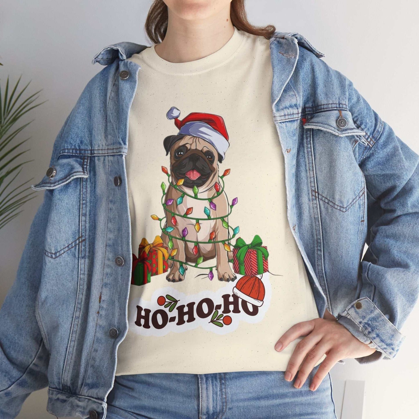 Cute Christmas dog shirt featuring a festive pug wrapped in lights, perfect for dog lovers.