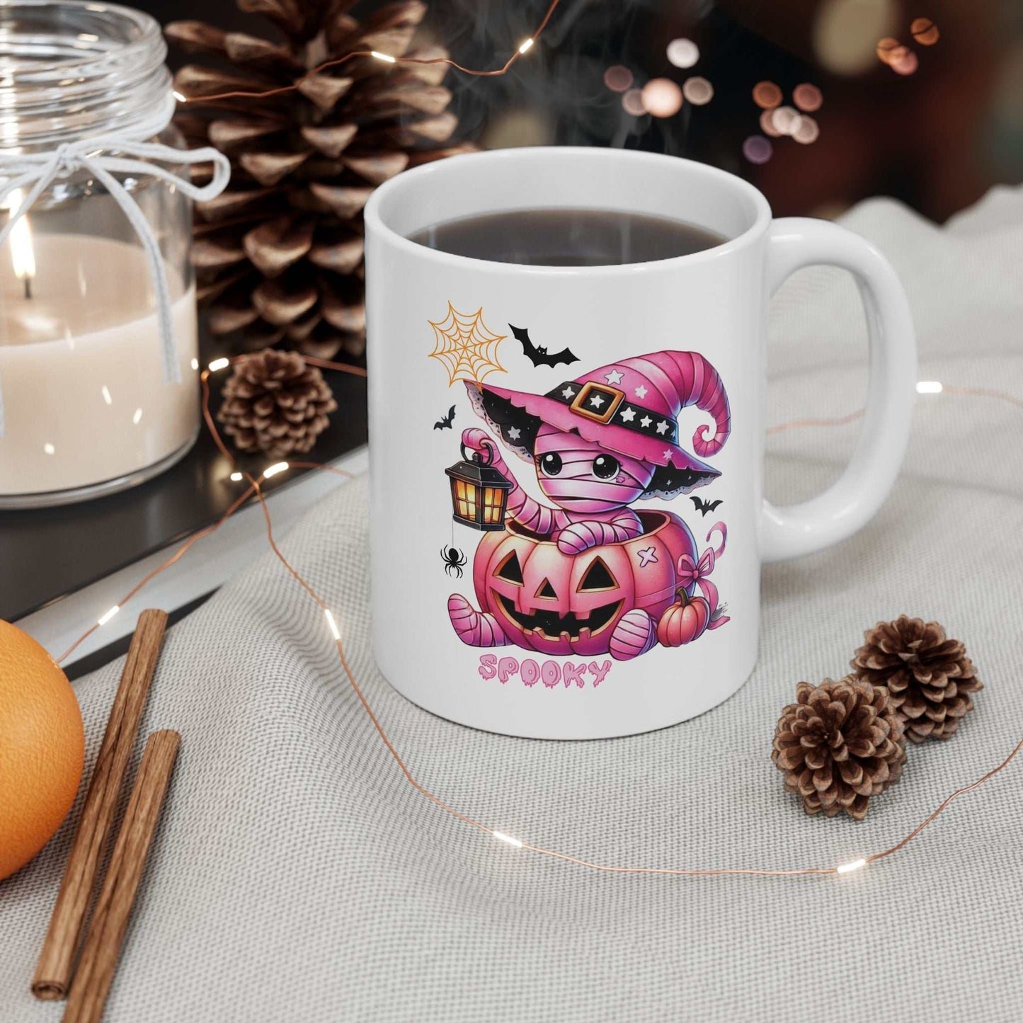 Funny kids Halloween mug with cute witch pumpkin design, perfect spooky season gift.