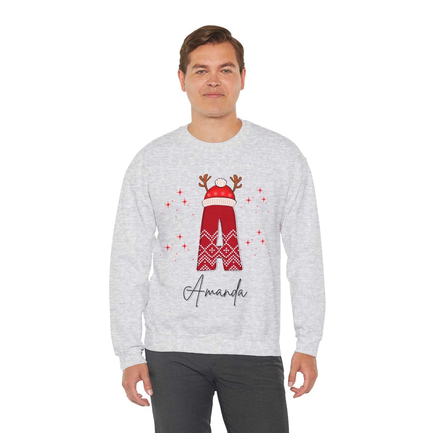 Family Christmas sweatshirt with reindeer design and personalized name "Amanda" for festive celebrations.