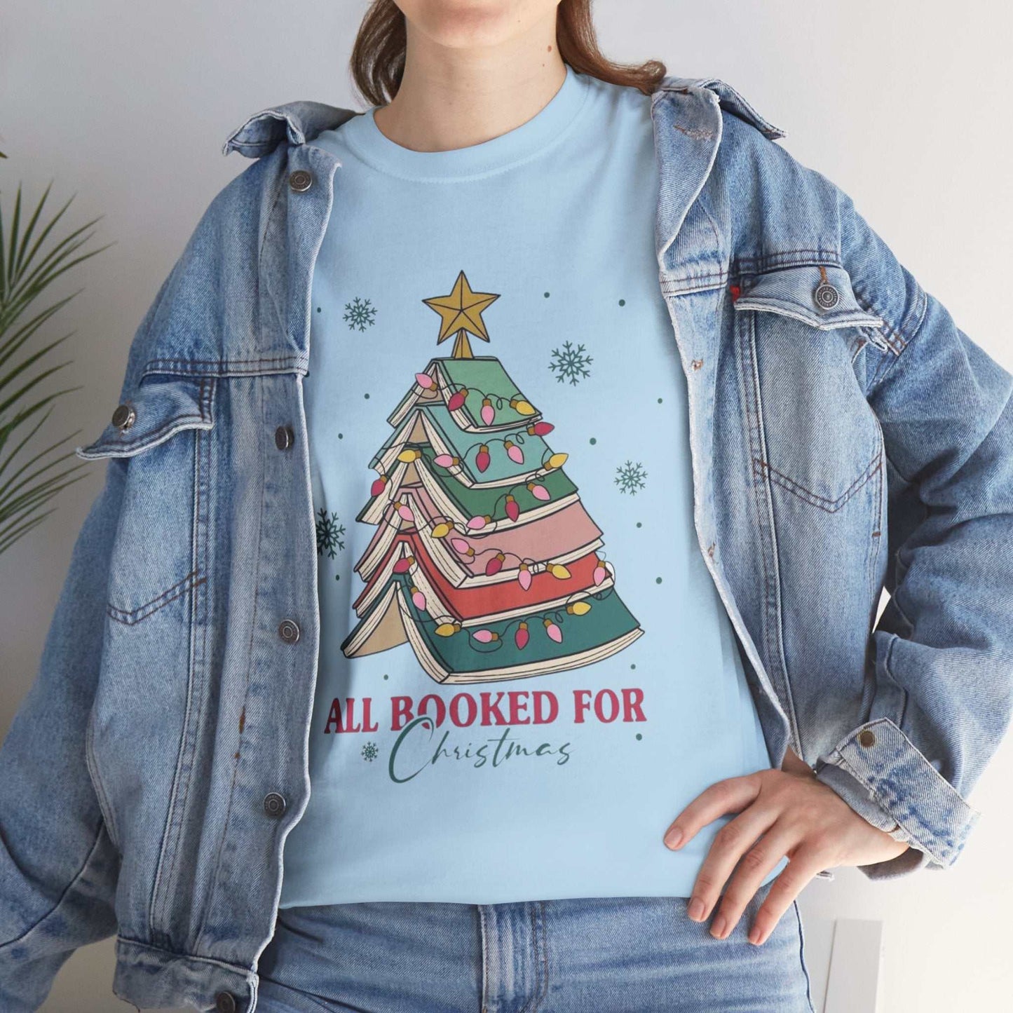 Christmas shirt gift with book-themed tree design, perfect for book lovers.
