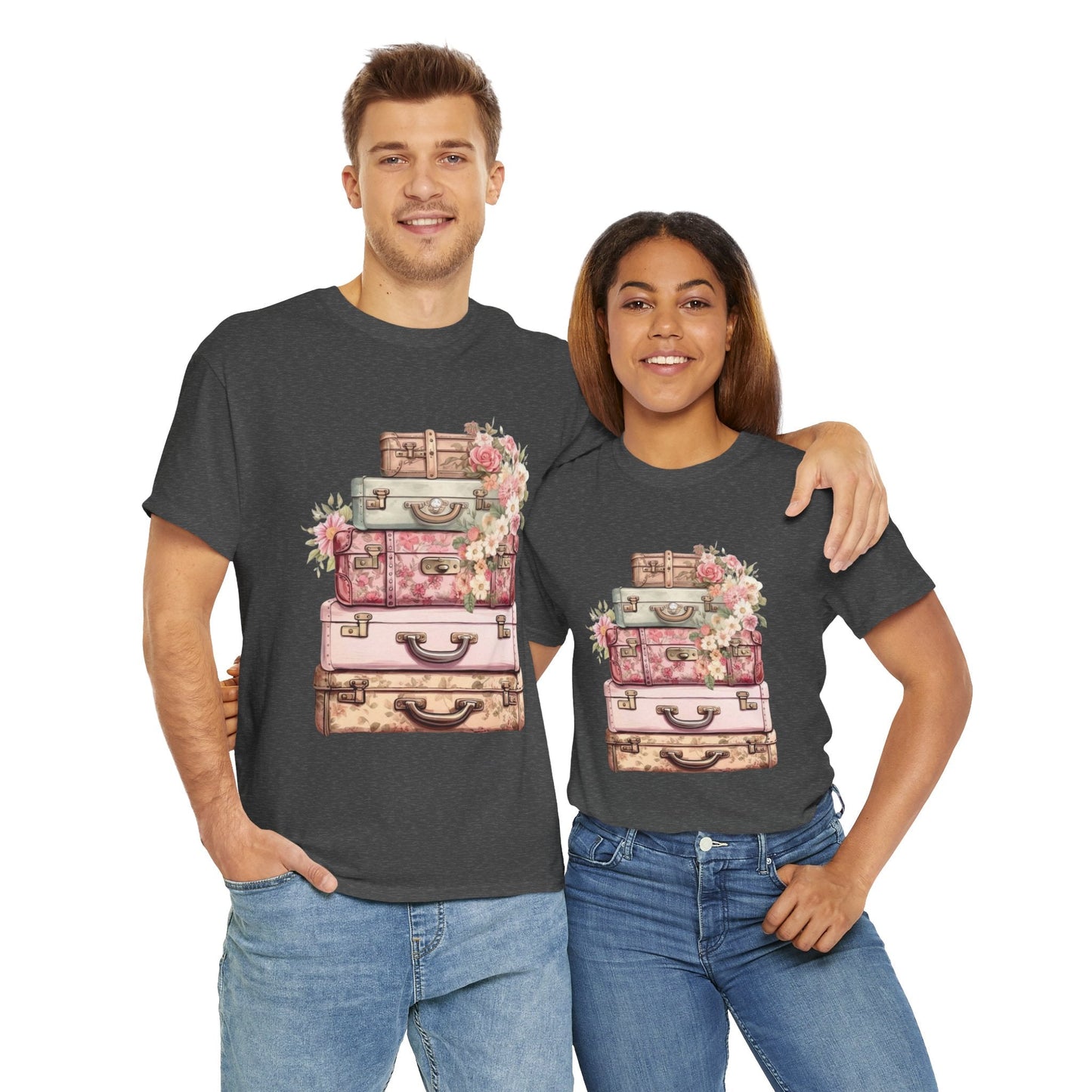 Vintage Floral Suitcase Tee - Unisex Heavy Cotton Tee