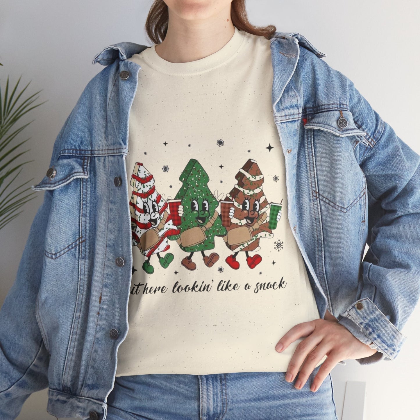 Out Here Looking Like a Snack Shirt, festive Christmas gift tee with tree design, worn with denim jacket.