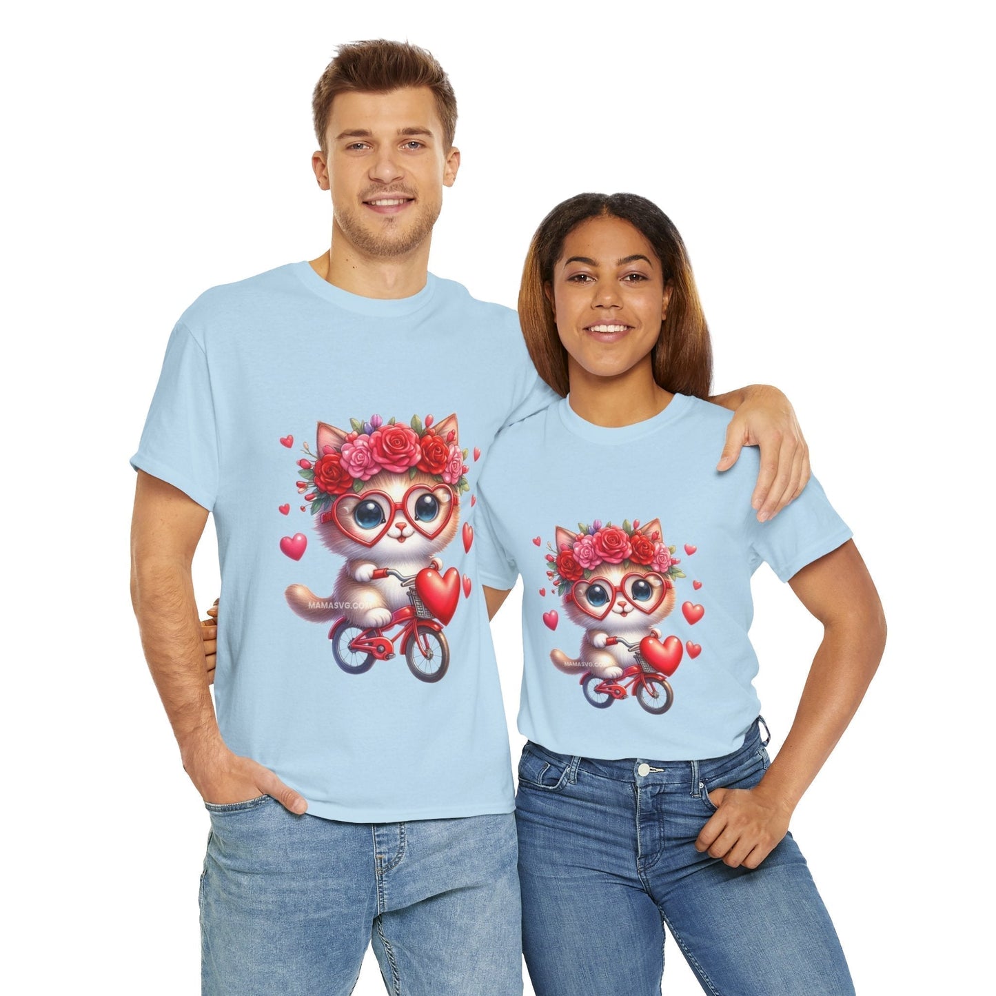 Biker Cat Cycling Hearts T-Shirt - Valentines Cat Lover Gift