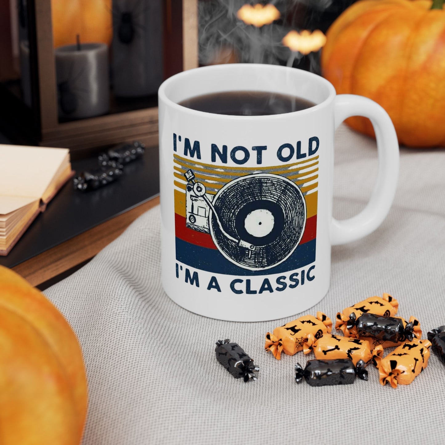 Vintage-Inspired Ceramic Mug with 'I'm Not Old, I'm A Classic' text, featuring a vibrant retro design, available in 11oz and 15oz sizes.