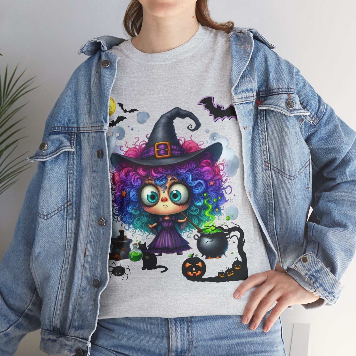 Halloween girl ghost shirt with colorful witch design for toddlers and kids, featuring a cute cartoon character on a cotton tee.