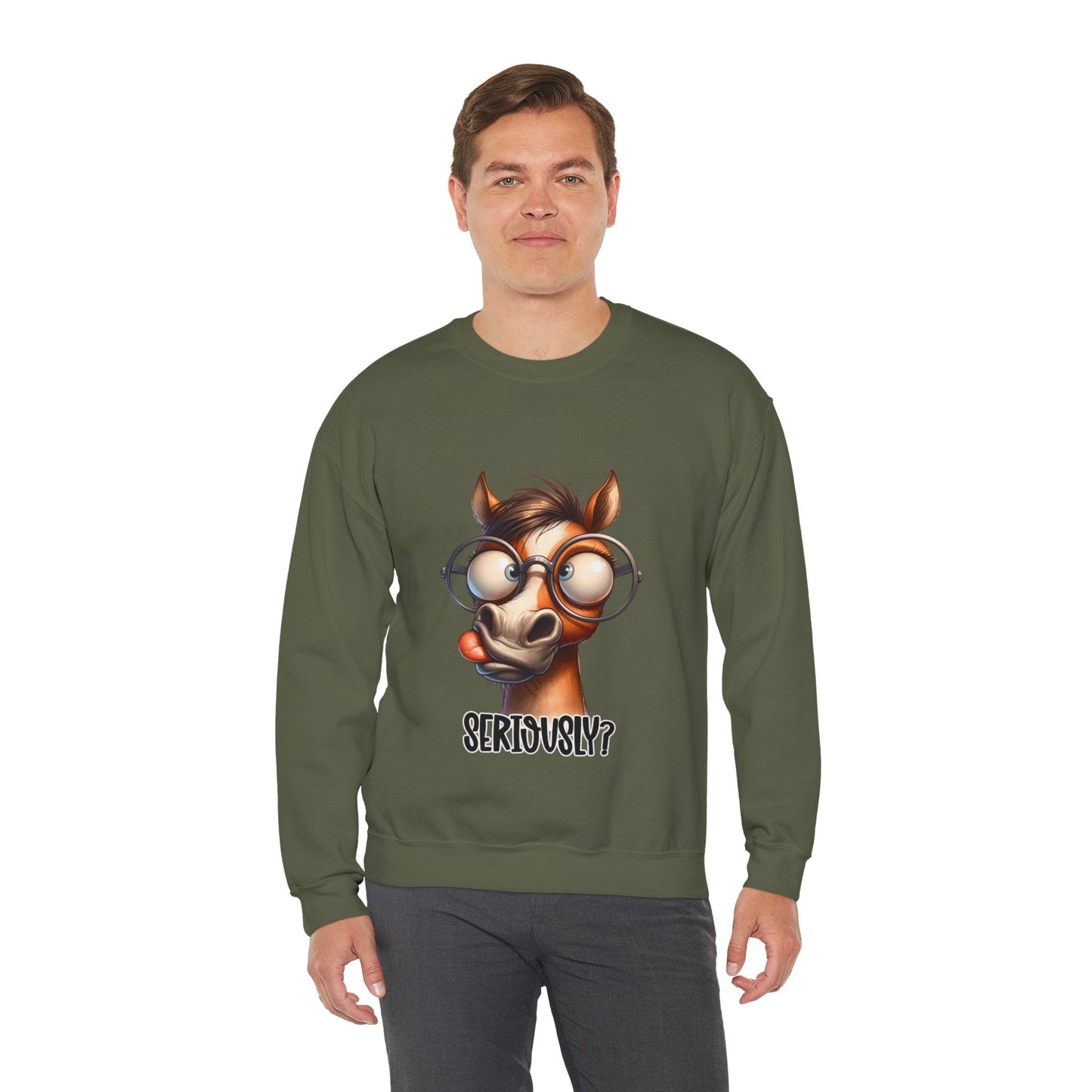 Funny Horse Graphic Crewneck Sweatshirt - 'Seriously?' Unisex Sweatshirt