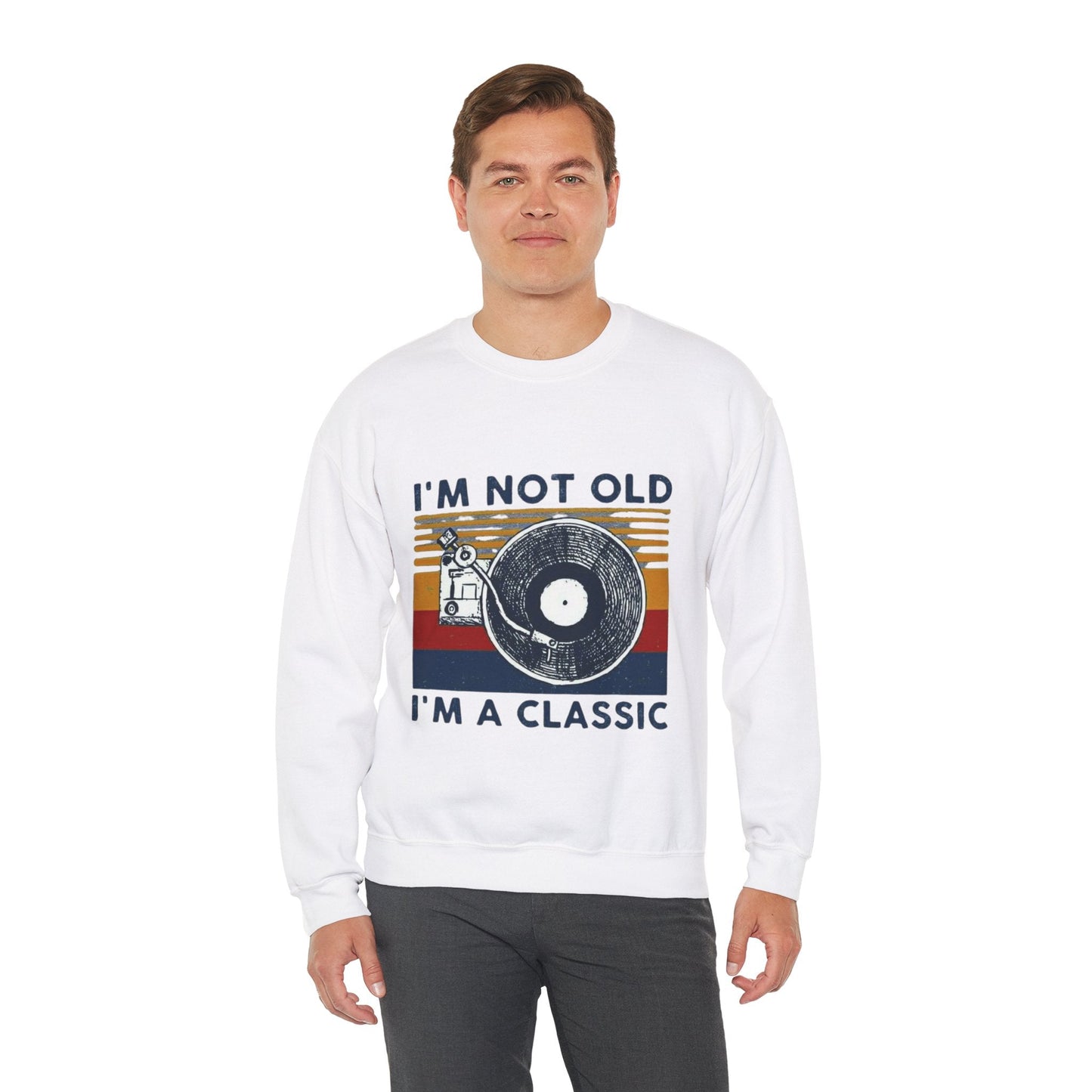 Unisex "I'm Not Old I'm a Classic" sweatshirt with vintage-inspired graphic, perfect for music lovers.