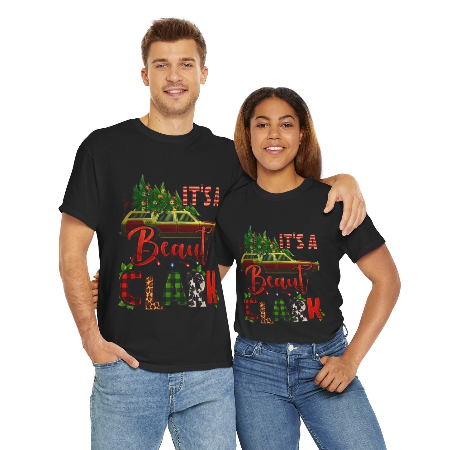 Its A Beaut Clark Christmas Shirt with retro holiday design worn by smiling couple.