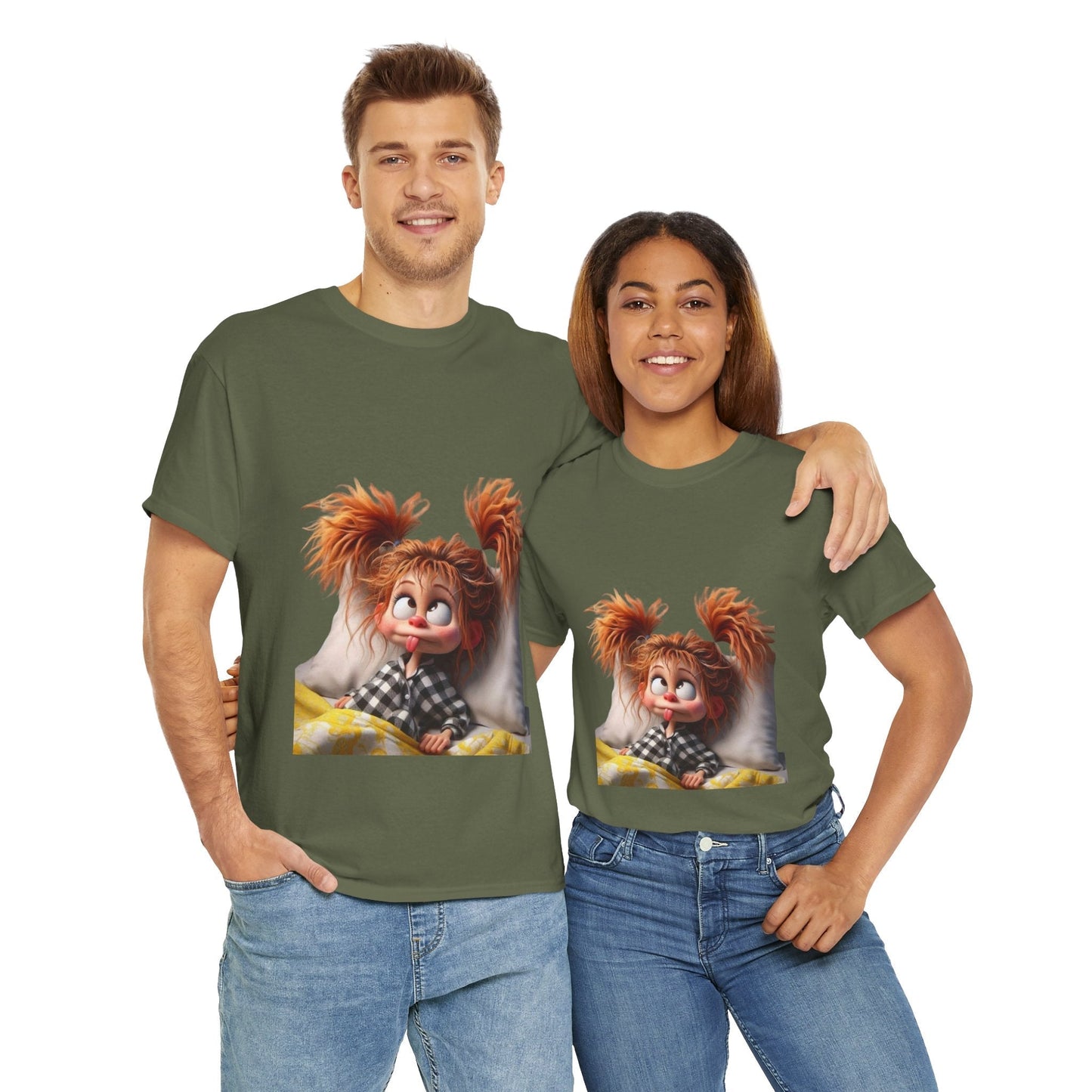 Cute Cartoon Character Unisex Heavy Cotton Tee - Perfect for Relaxed Mornings