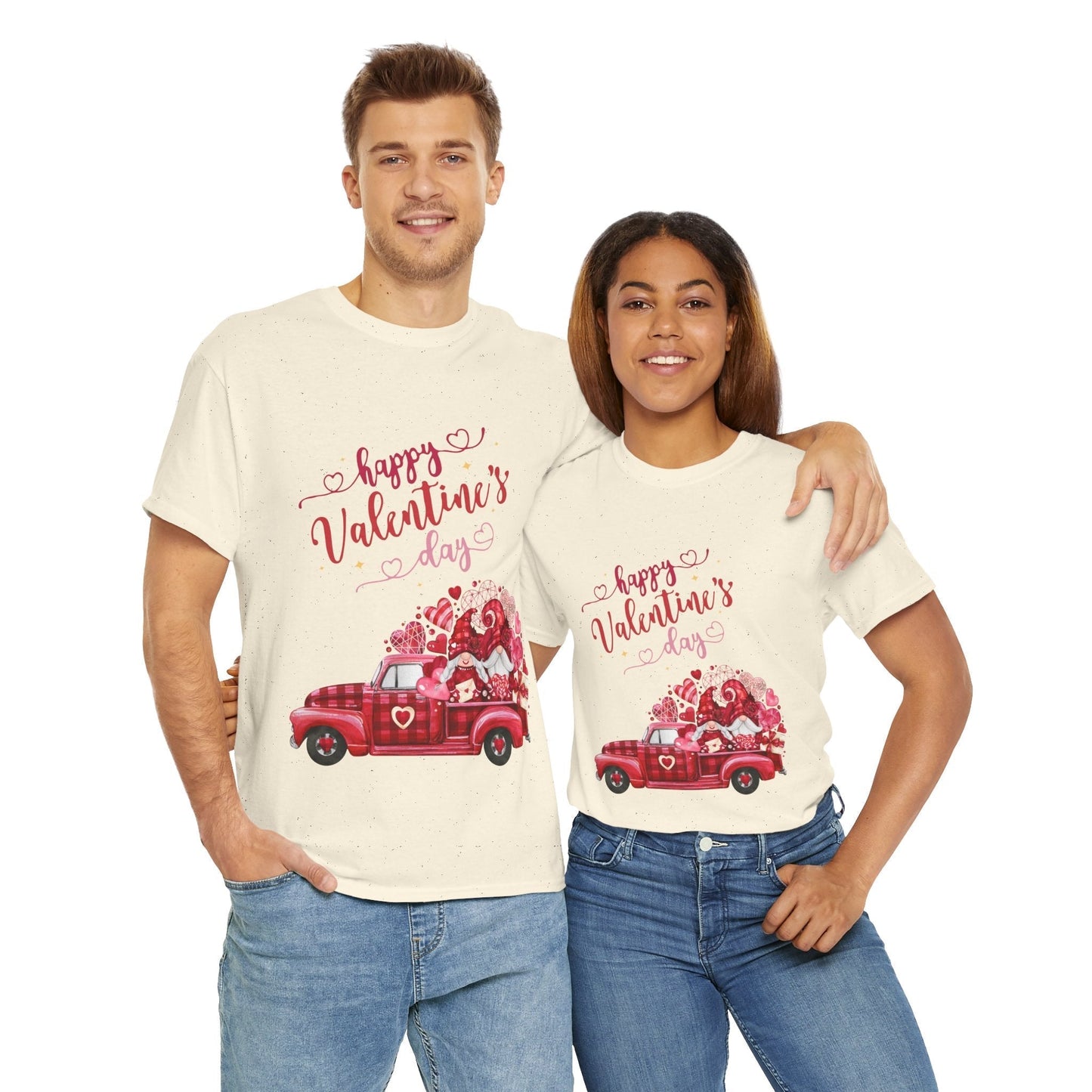 Valentine's Day truck hearts T-shirt featuring a vintage truck with hearts, worn by a smiling couple.
