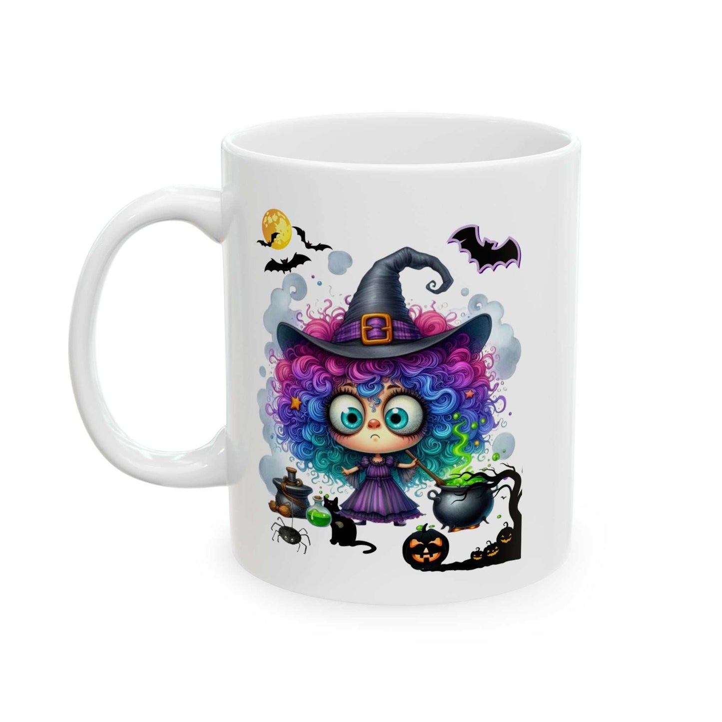 Cute Halloween girl ghost mug featuring a colorful witch design with bats and pumpkins, available in 11oz and 15oz ceramic sizes.