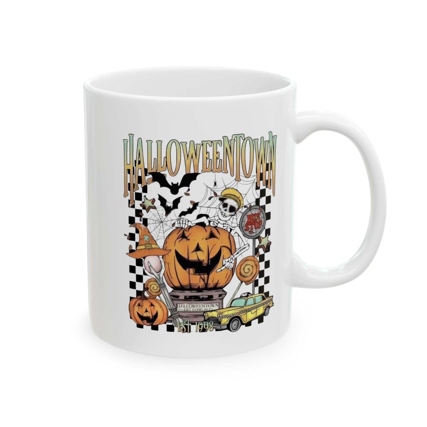 Retro Halloweentown ceramic mug with vibrant pumpkin and ghost design, microwave and dishwasher-safe.