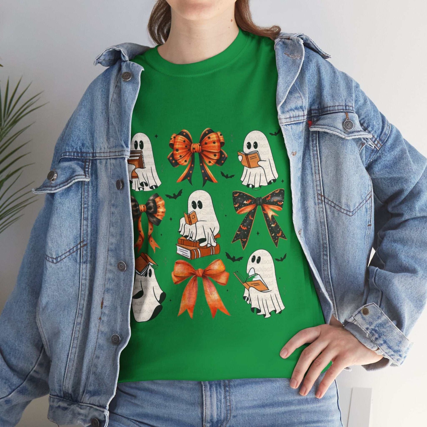Unisex Book Ghost Halloween Shirt with ghost and bow design, casual fashion staple.