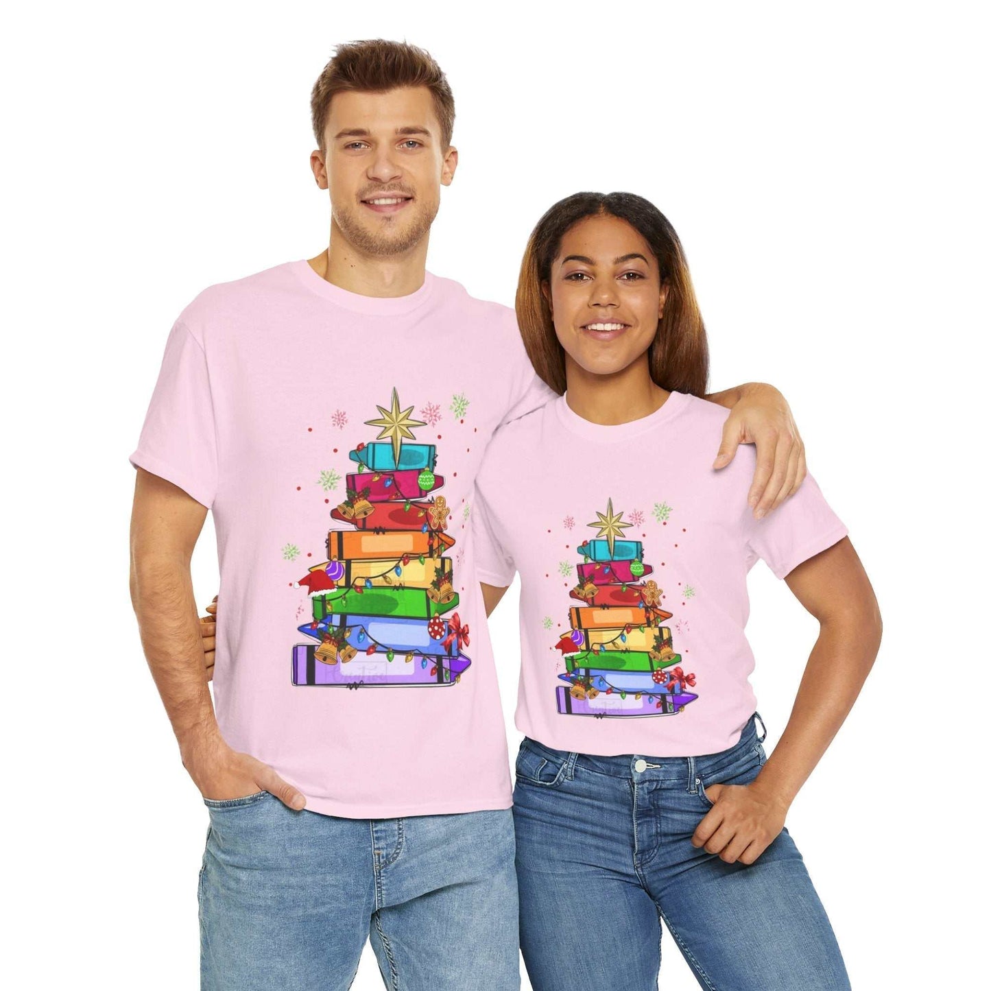 Crayons Christmas Tree T-Shirt featuring crayon-shaped tree design for teacher team gift.