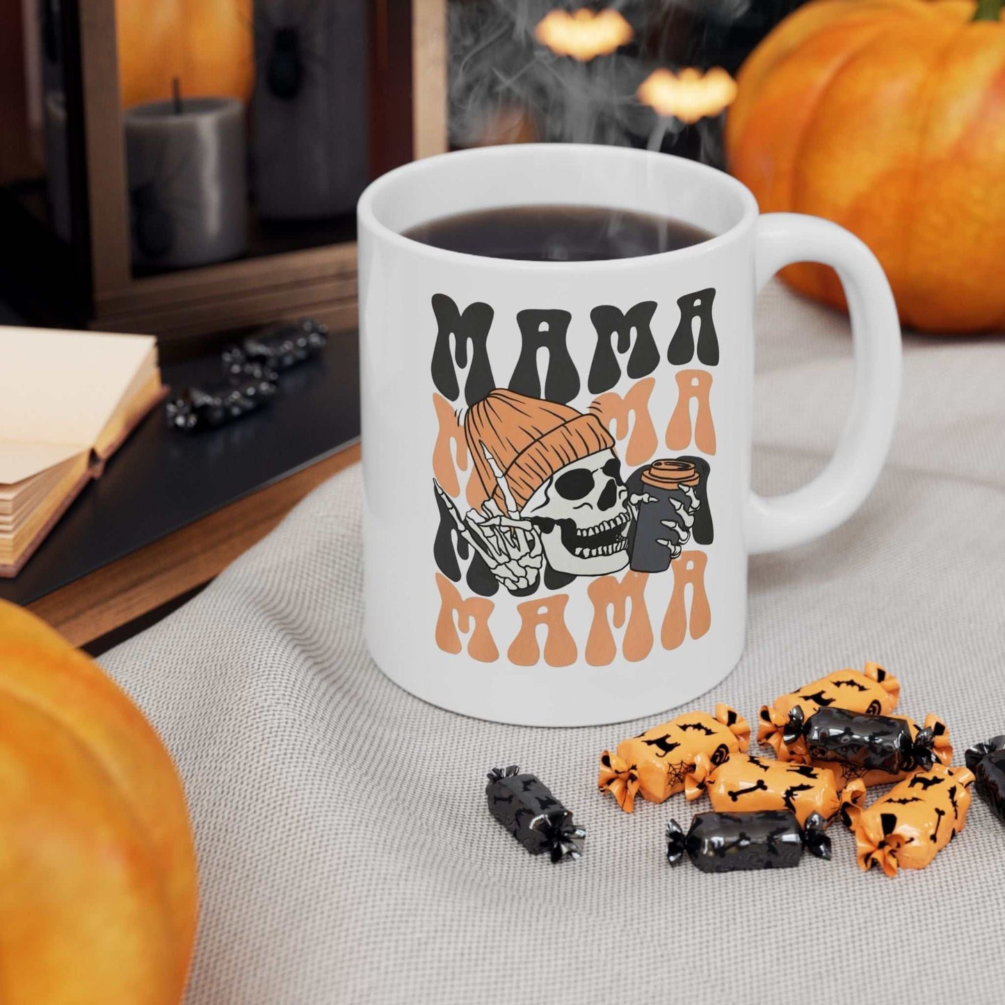 Mama Coffee Halloween Mug with funny skeleton design, perfect for coffee lovers; BPA-free ceramic, available in 11oz and 15oz.