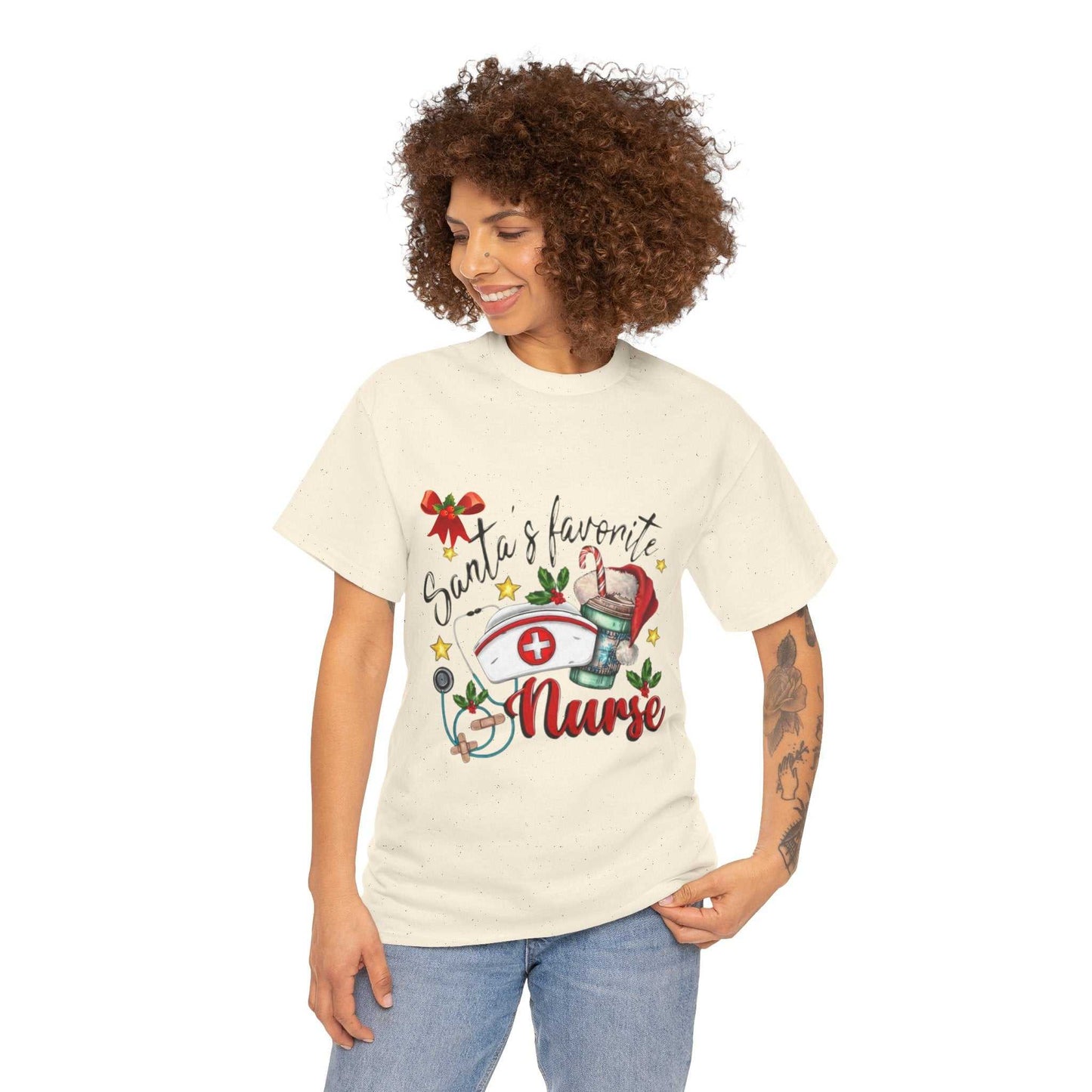 Santa's Favorite Nurse Shirt featuring festive design, perfect Christmas gift for nurses, unisex heavy cotton tee.