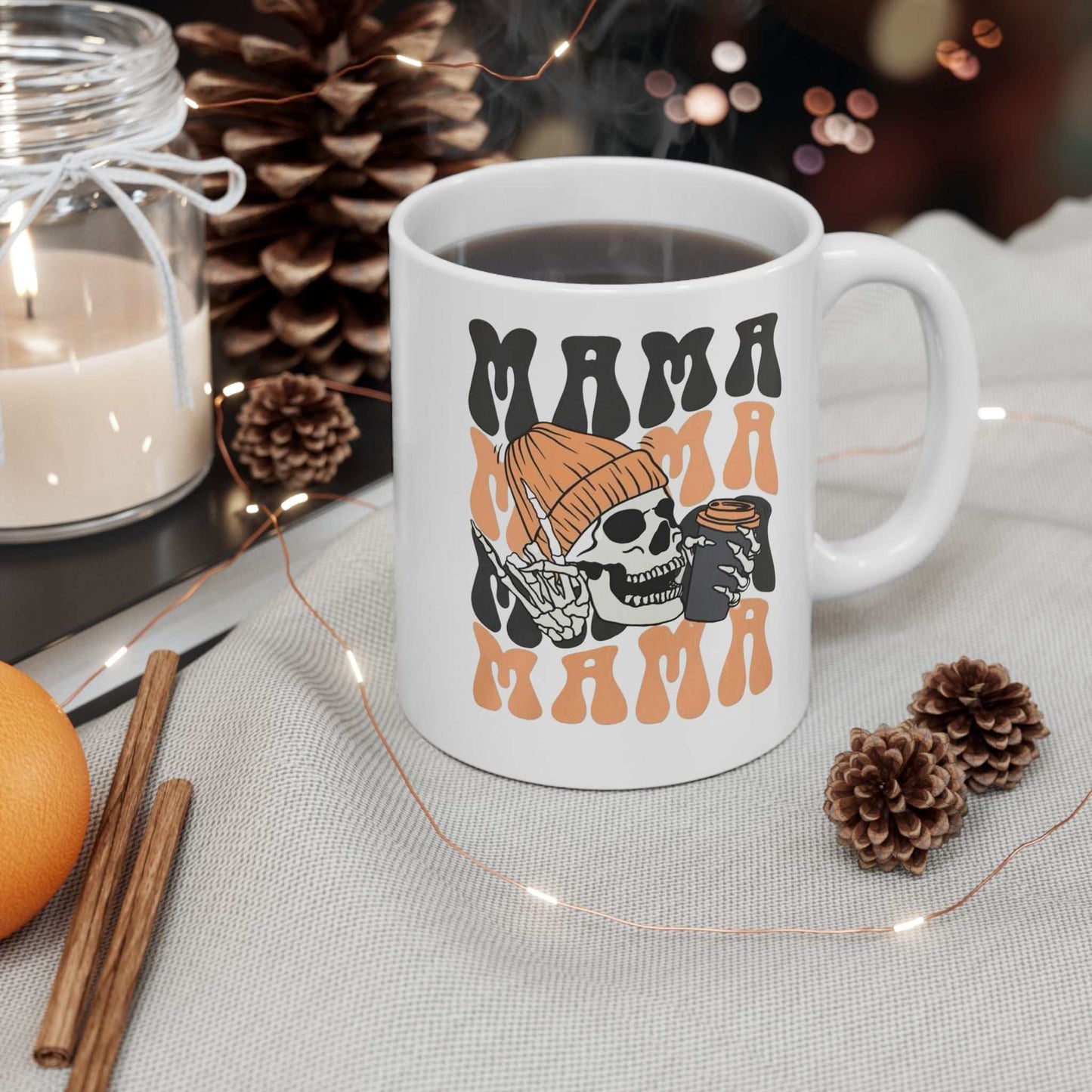 Mama Coffee Halloween Mug with funny skeleton design, ceramic coffee cup, perfect gift for coffee lovers.