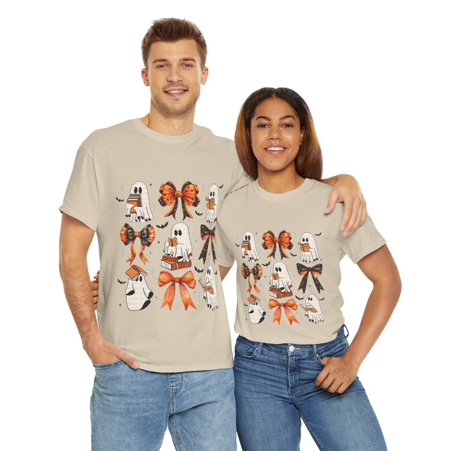 Unisex Book Ghost Halloween Shirt with whimsical ghost and bow design.