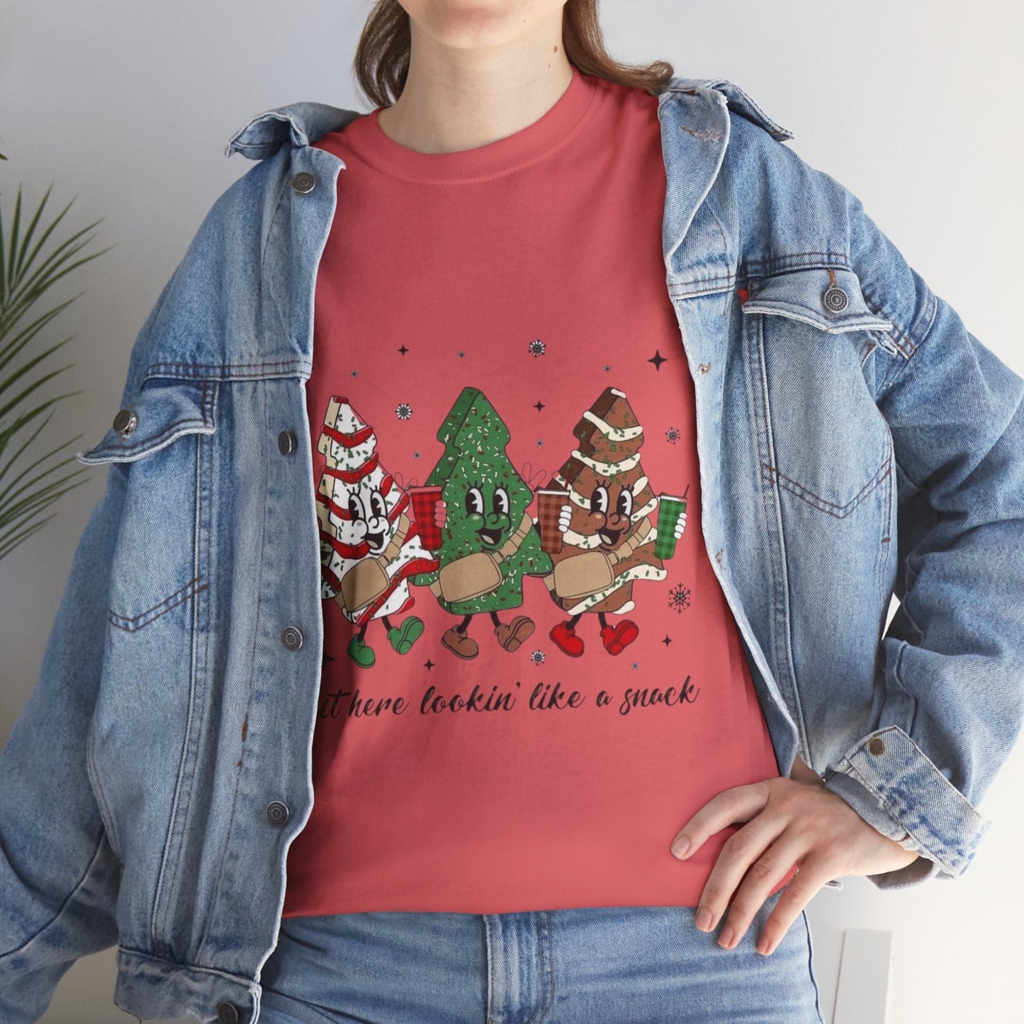 Fun Christmas-themed "Out Here Looking Like a Snack" shirt with festive snack characters, perfect holiday gift idea.