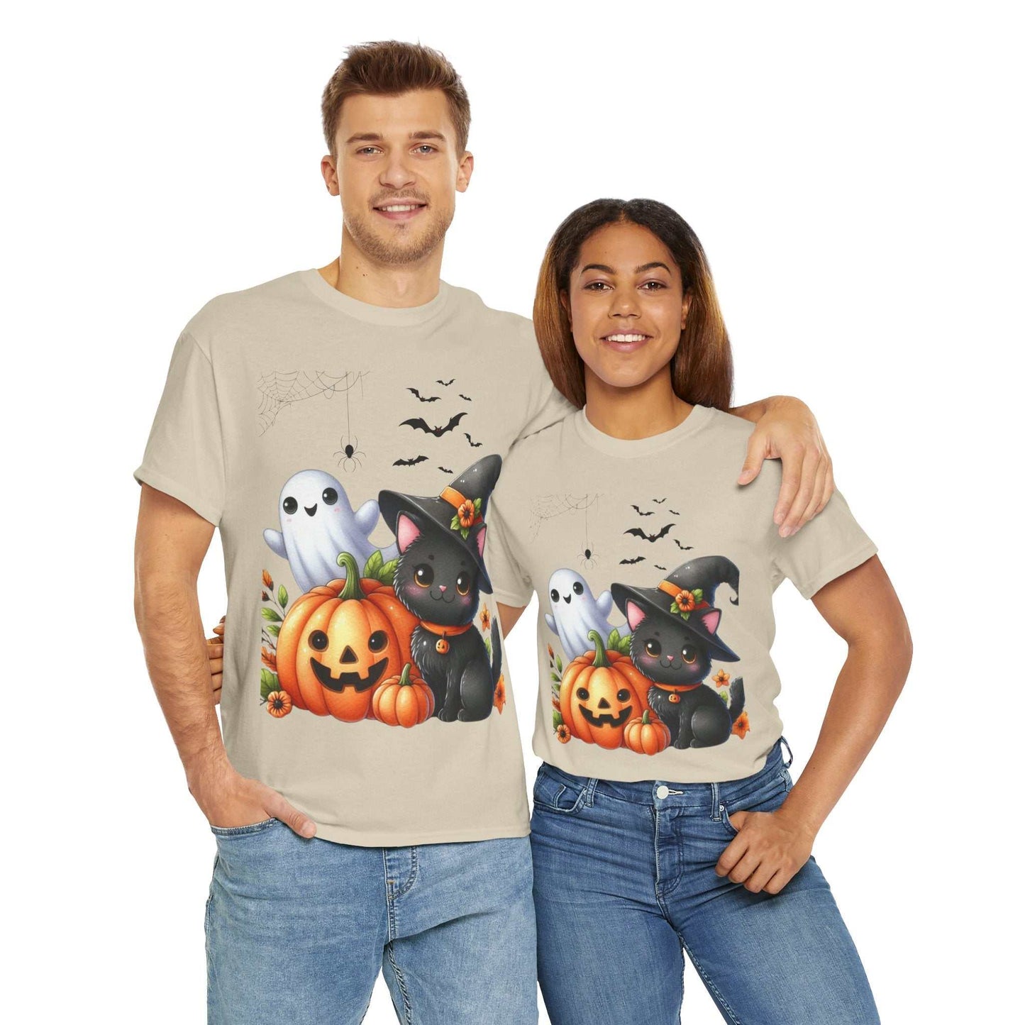 Halloween Cat Kids Shirt featuring cute black cat, ghost, and pumpkin design, perfect for spooky autumn outfits and cat lovers.