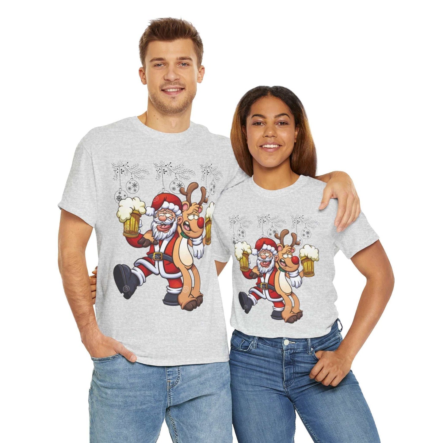 Funny Beer Santa Christmas Shirt featuring Santa and Rudolf with beers, perfect holiday gift for beer lovers.