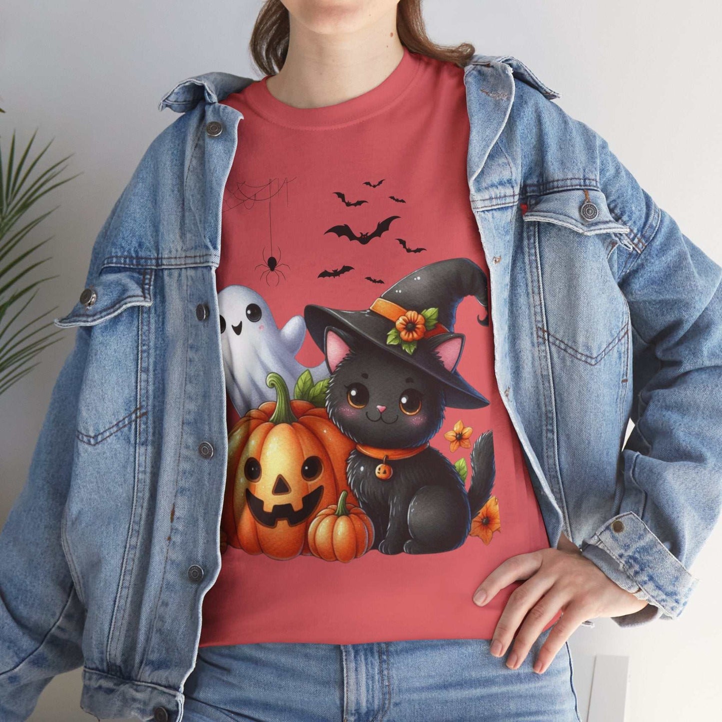 Halloween Cat Kids Shirt with witch hat, pumpkins, and ghost design on red tee.