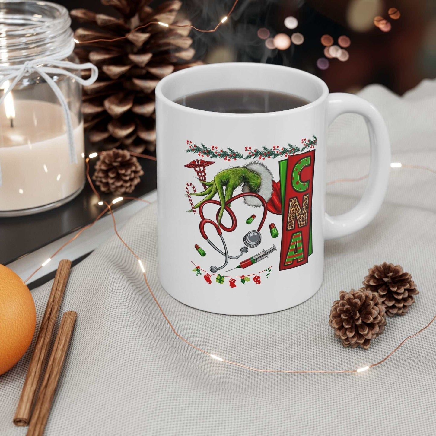 Nurse Stethoscope Christmas Mug with festive Grinch design and holiday-themed artwork.