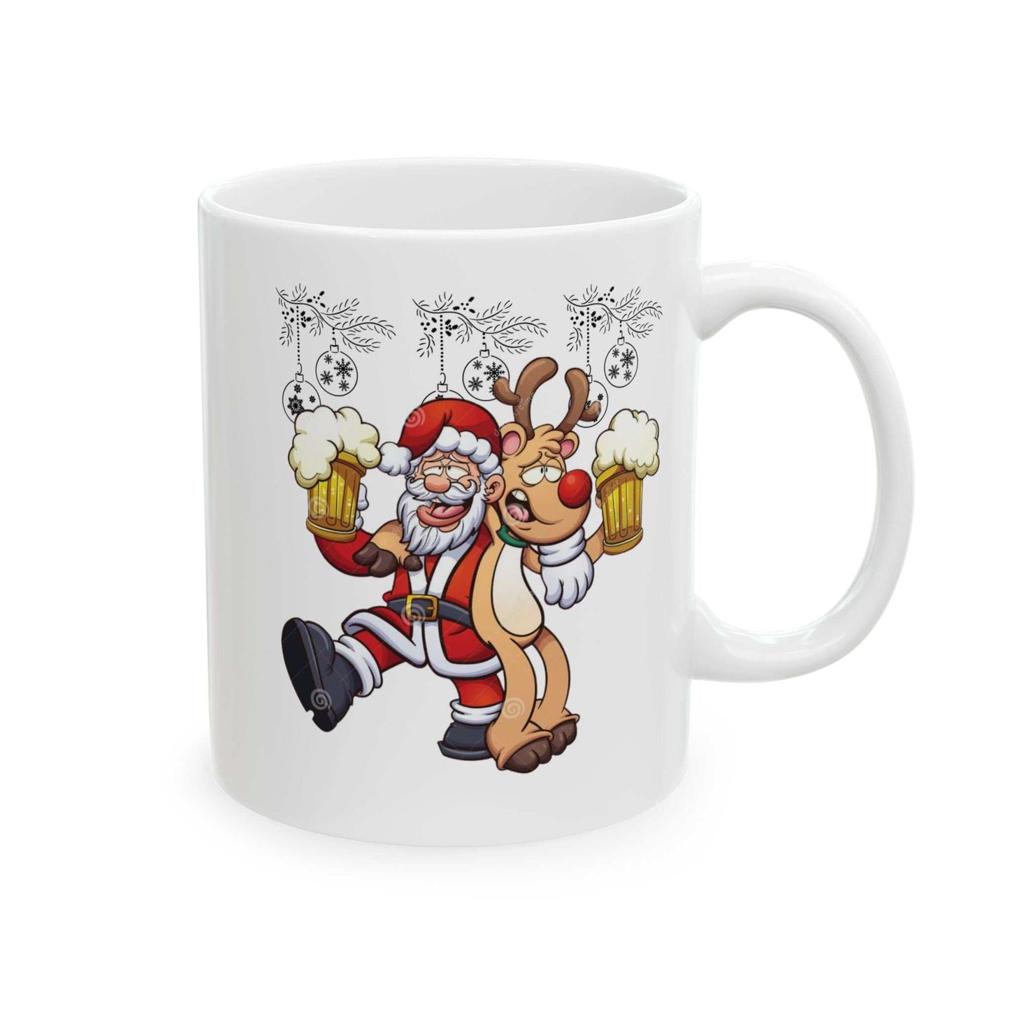 Funny Beer Santa Christmas Mug featuring Santa and Rudolf celebrating with beers, perfect holiday gift for beer lovers.