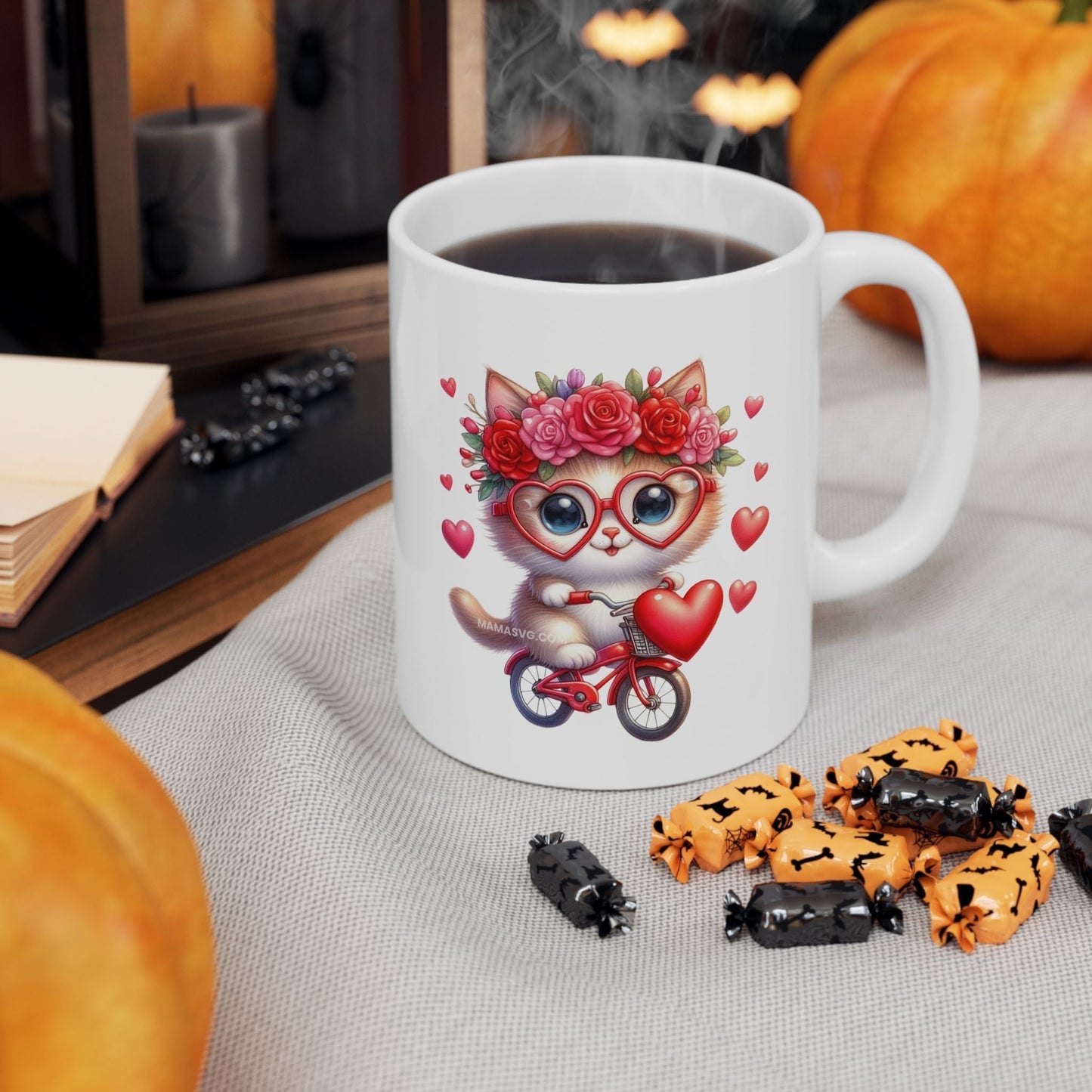 Biker Cat Cycling Hearts Mug with a cat on a bike surrounded by hearts, perfect Valentine's gift for cat lovers.