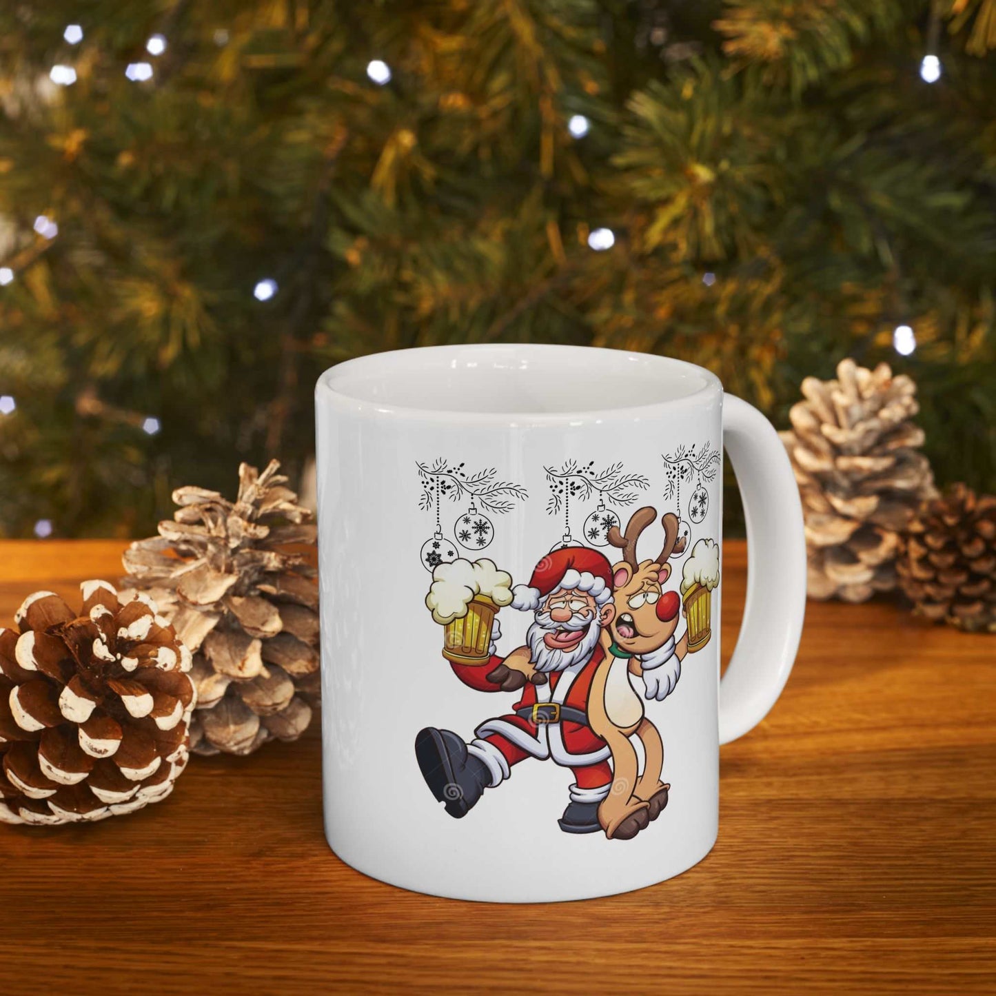 Funny Santa and Rudolf beer Christmas mug in festive setting.