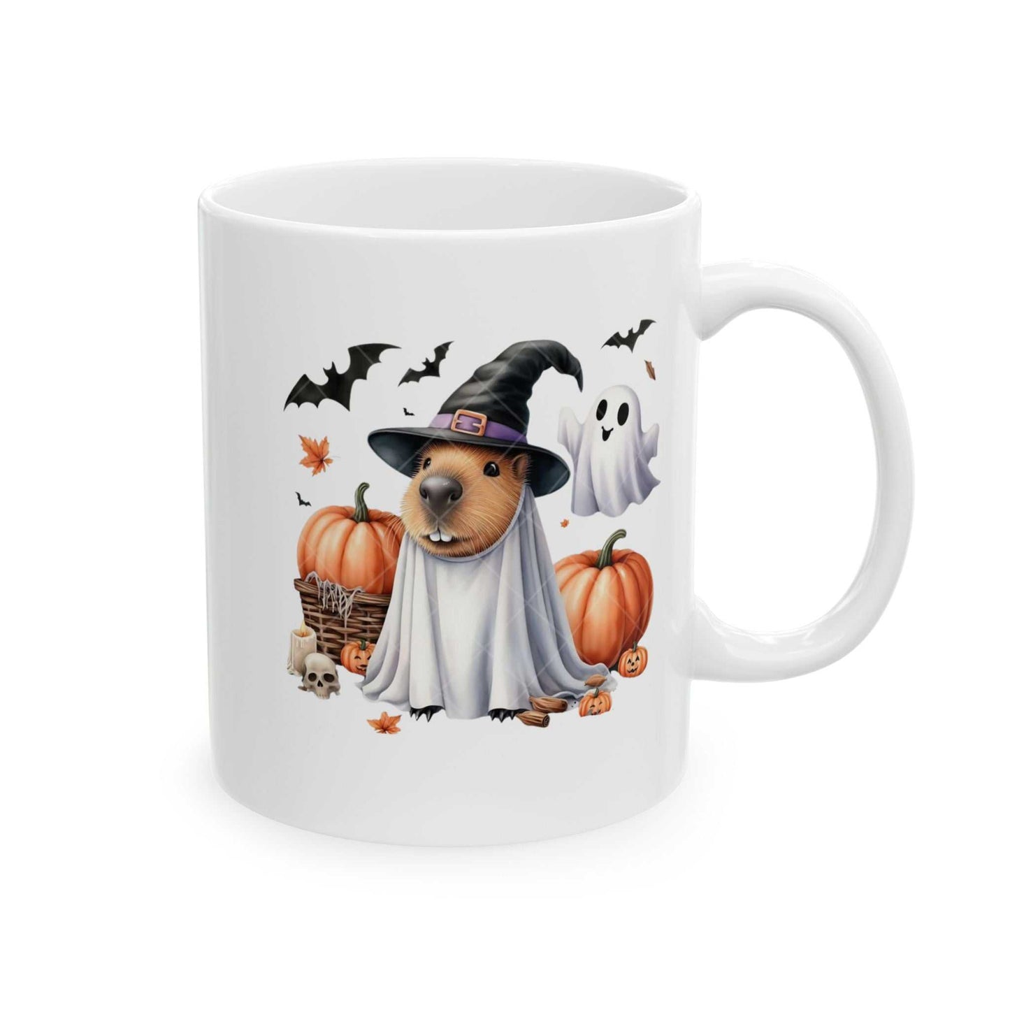 Ceramic mug featuring a Halloween-themed capybara in a witch hat with pumpkins and ghosts.