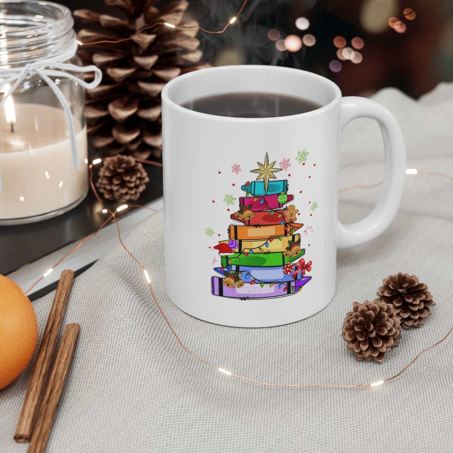 Crayons Christmas Tree Mug with festive design, perfect teacher gift.
