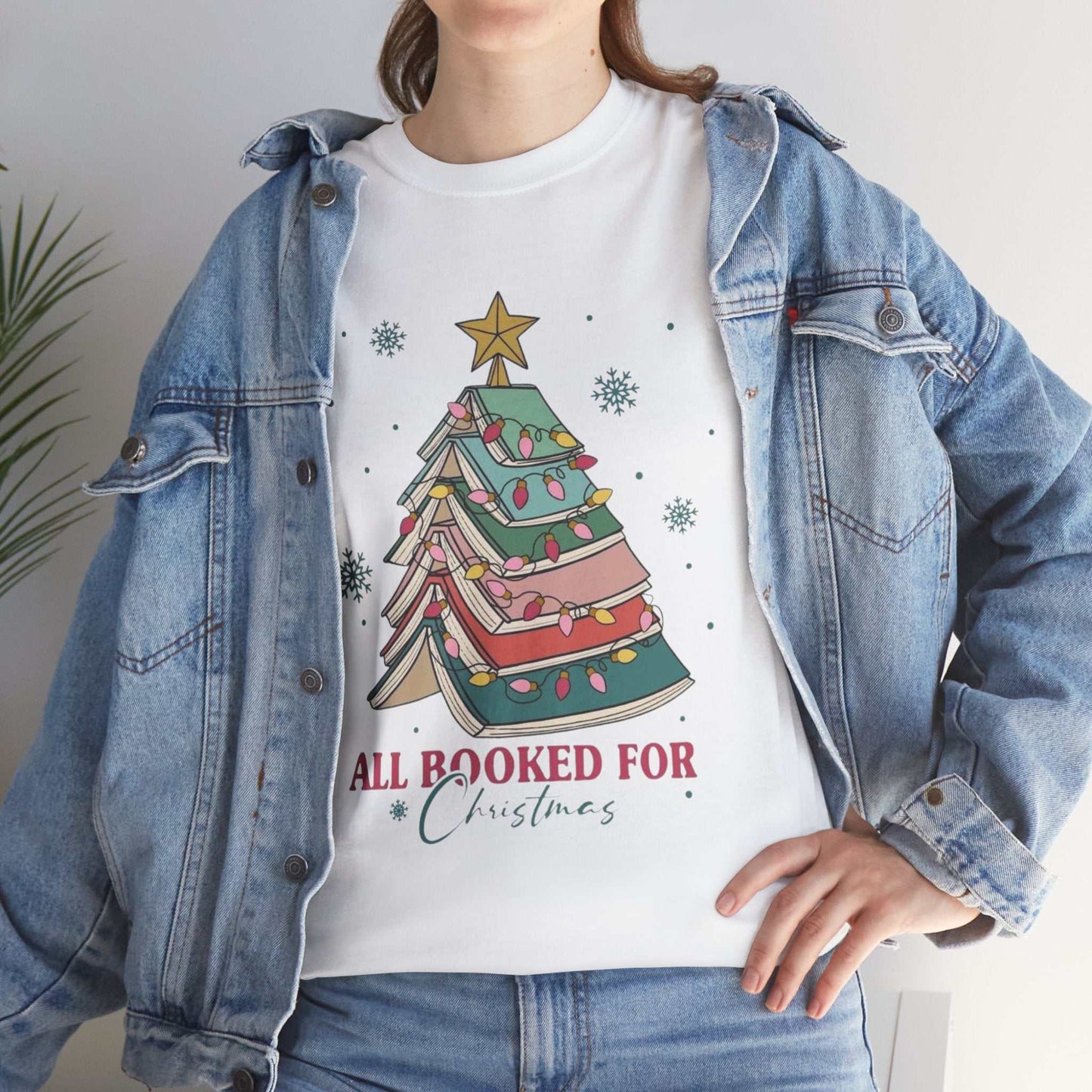 Christmas shirt with book tree design, perfect gift for book lovers and librarians.