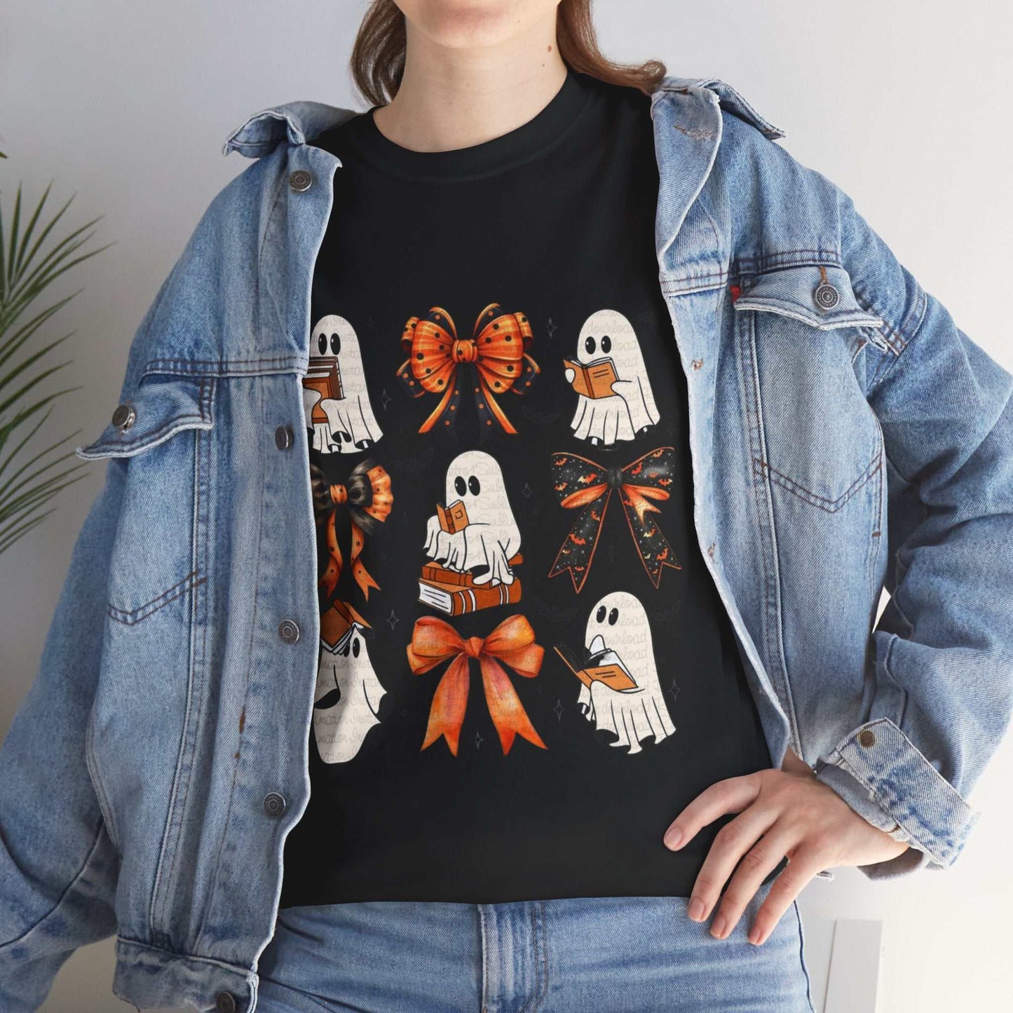 Unisex Book Ghost Halloween Shirt with ghost and bow design, perfect Halloween gift.