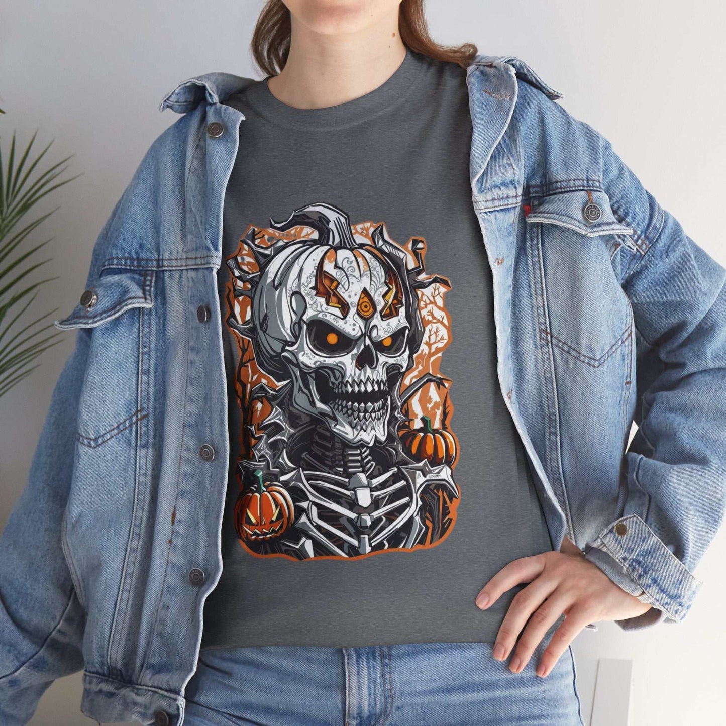 Halloween skeleton shirt featuring a skull design with pumpkins, unisex heavy cotton tee.